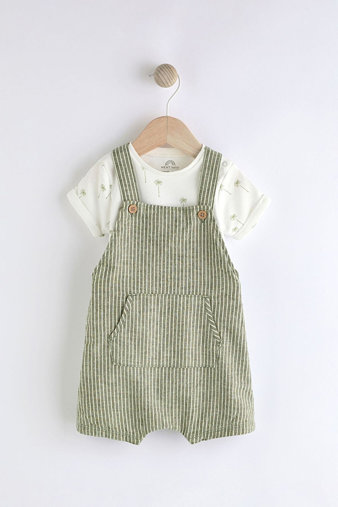 Next Baby Pamuklu Yeşil Çizgili Salopet Body Zıbın Set
