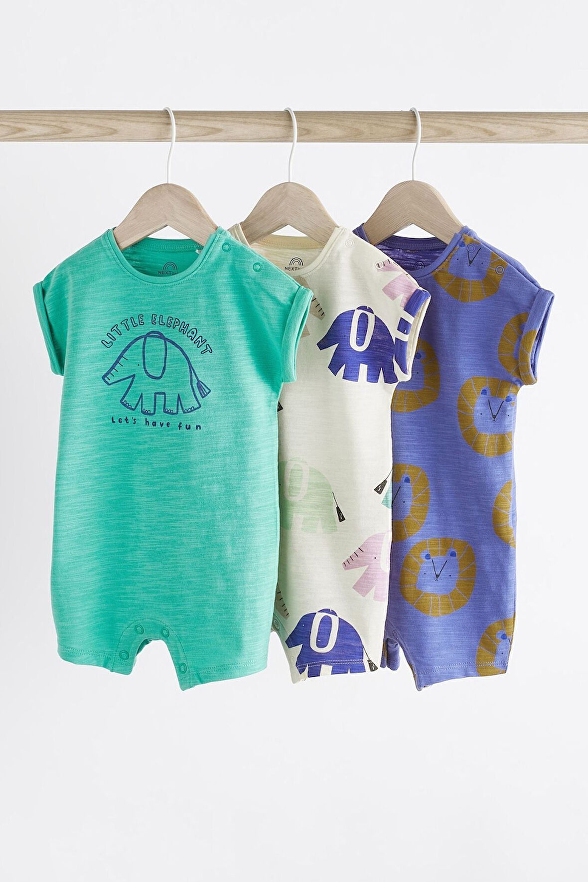 Next Baby % 100 Pamuklu Beyaz Mavi Fil Desenli 3’lü Romper Set