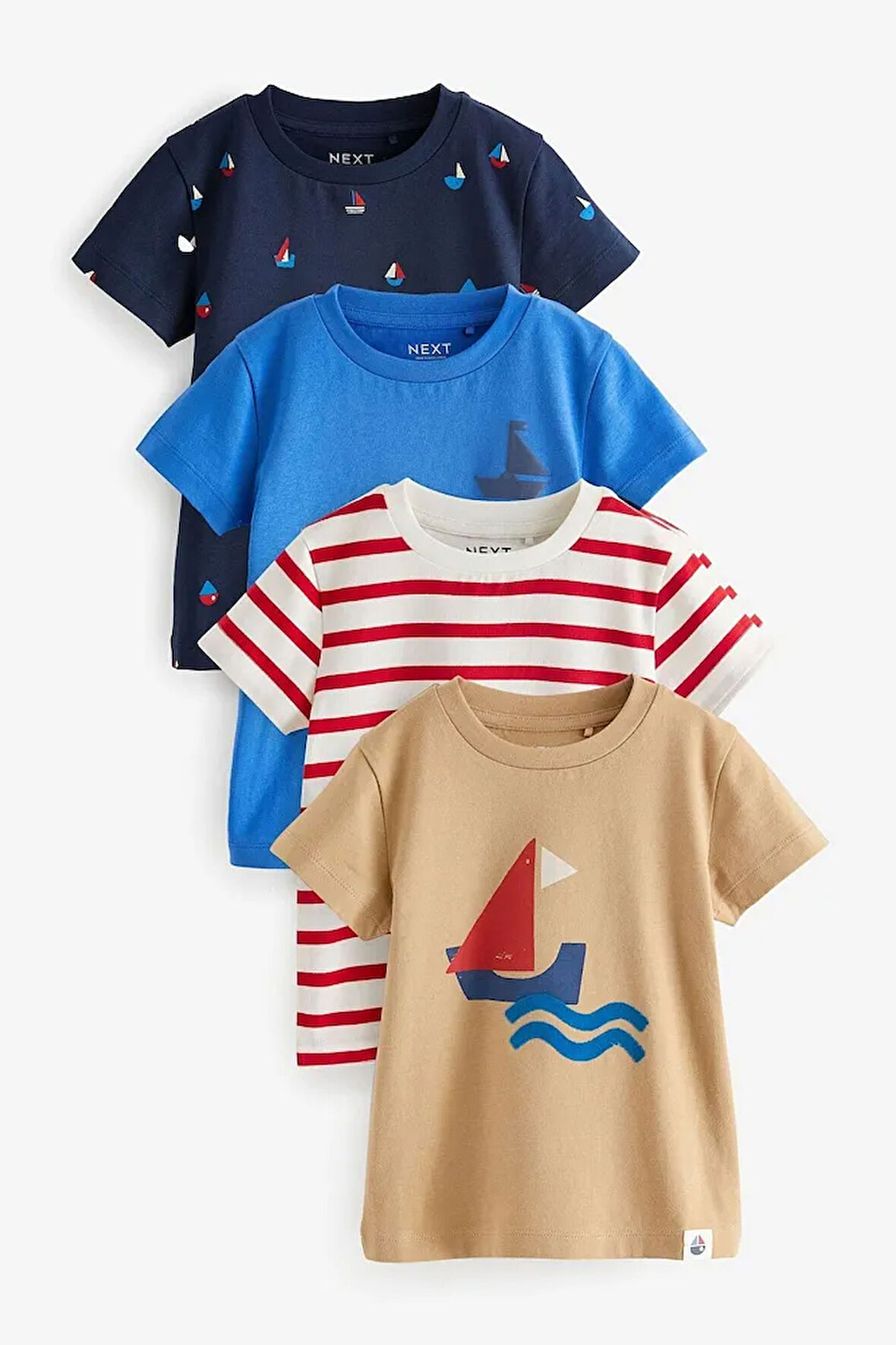 % 100 Pamuklu Mavi Yelken Desenli Kısa Kollu 4’lü Tshirt Set