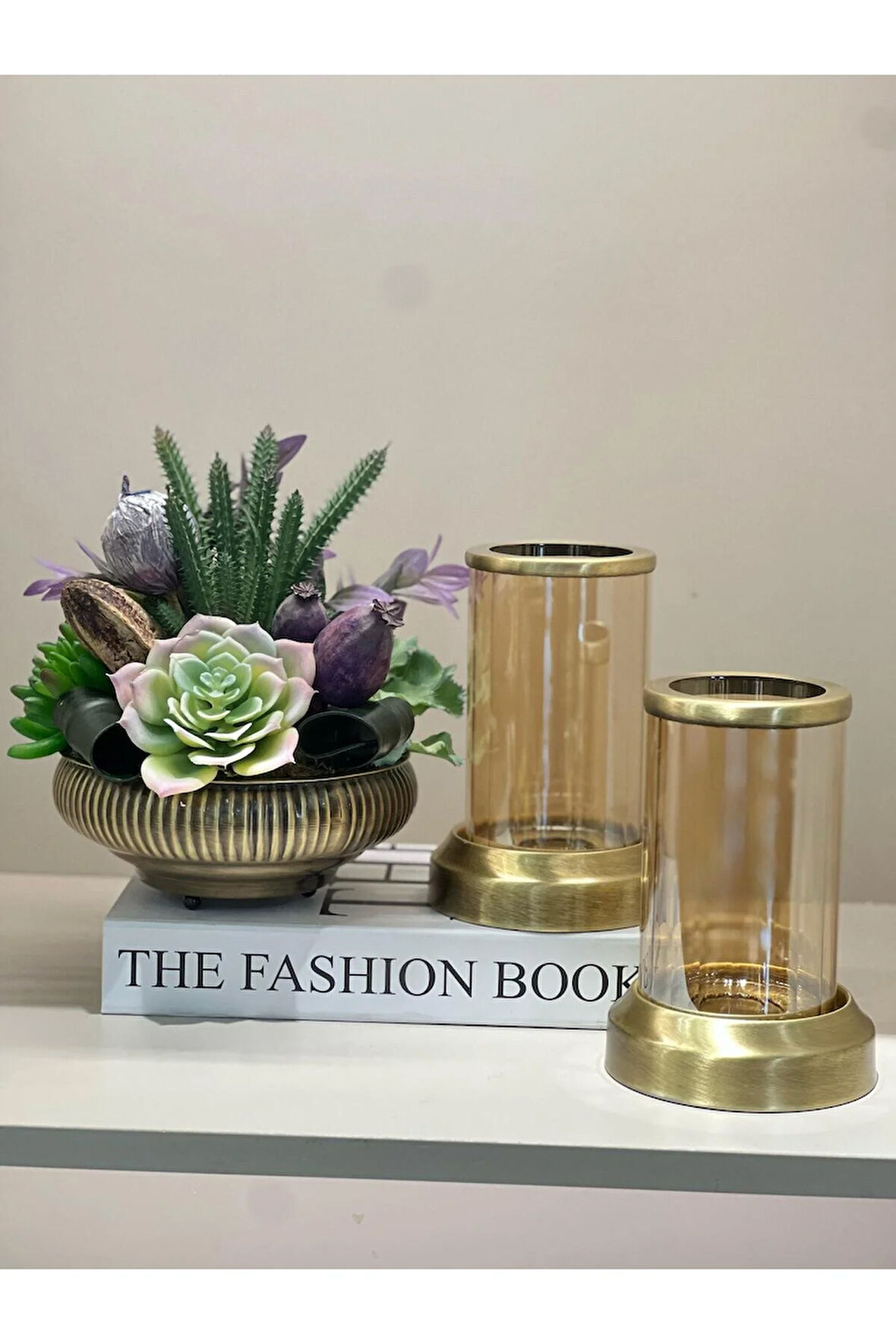 Yapay Sukulentli Vazo Ve ikili Mumluk Set Kitap Kutu Hediyeli No:4