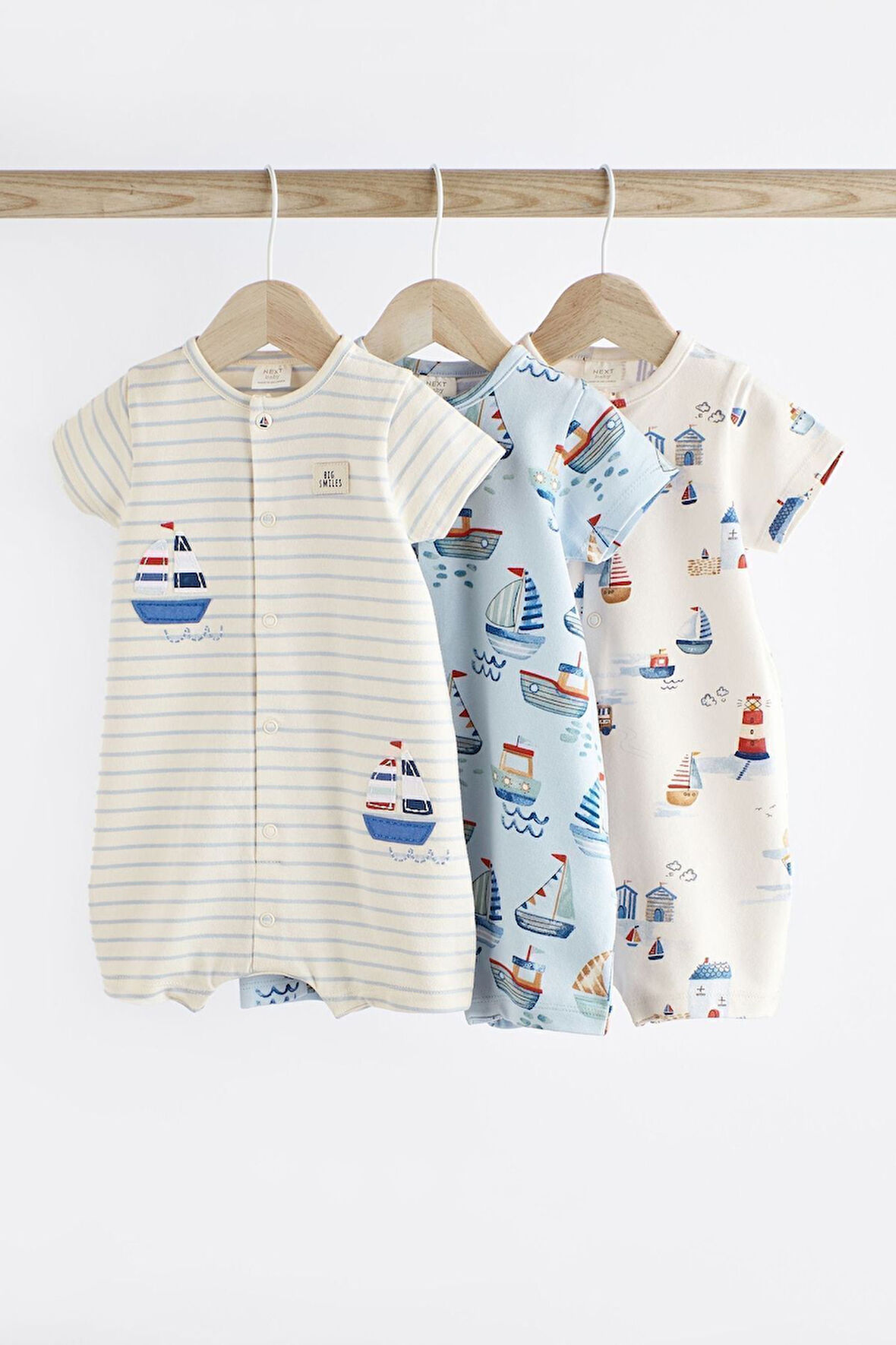 Next Baby 100 Pamuklu Beyaz Mavi Tekne Desenli 3’lü Romper Set