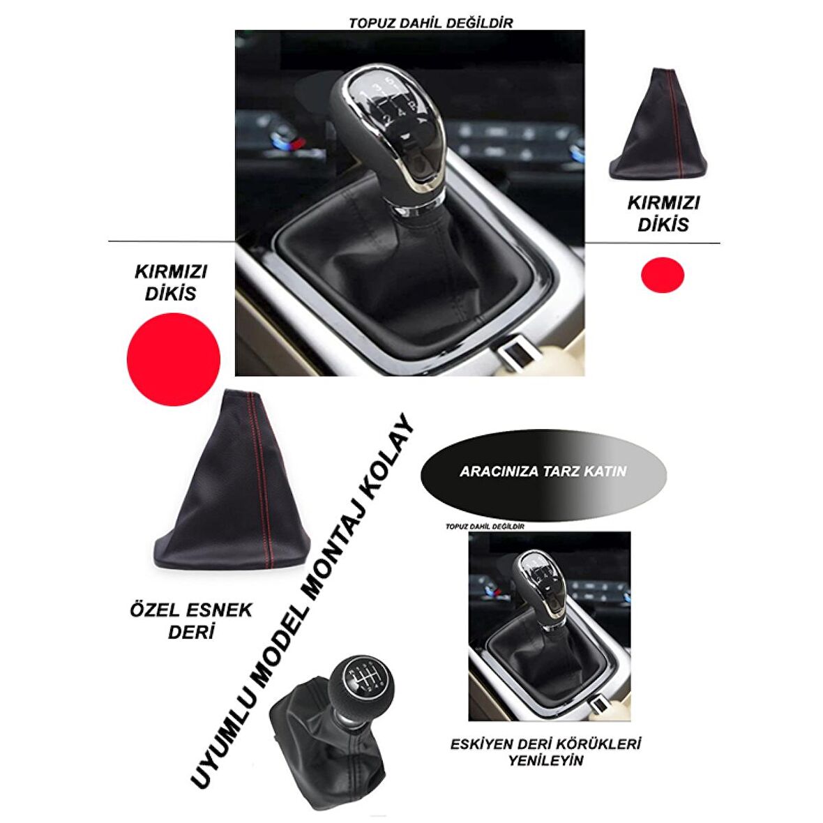 SAAB 9/3 Uyumlu Araç,Araba,Oto vites körüğü kırmızı dikiş