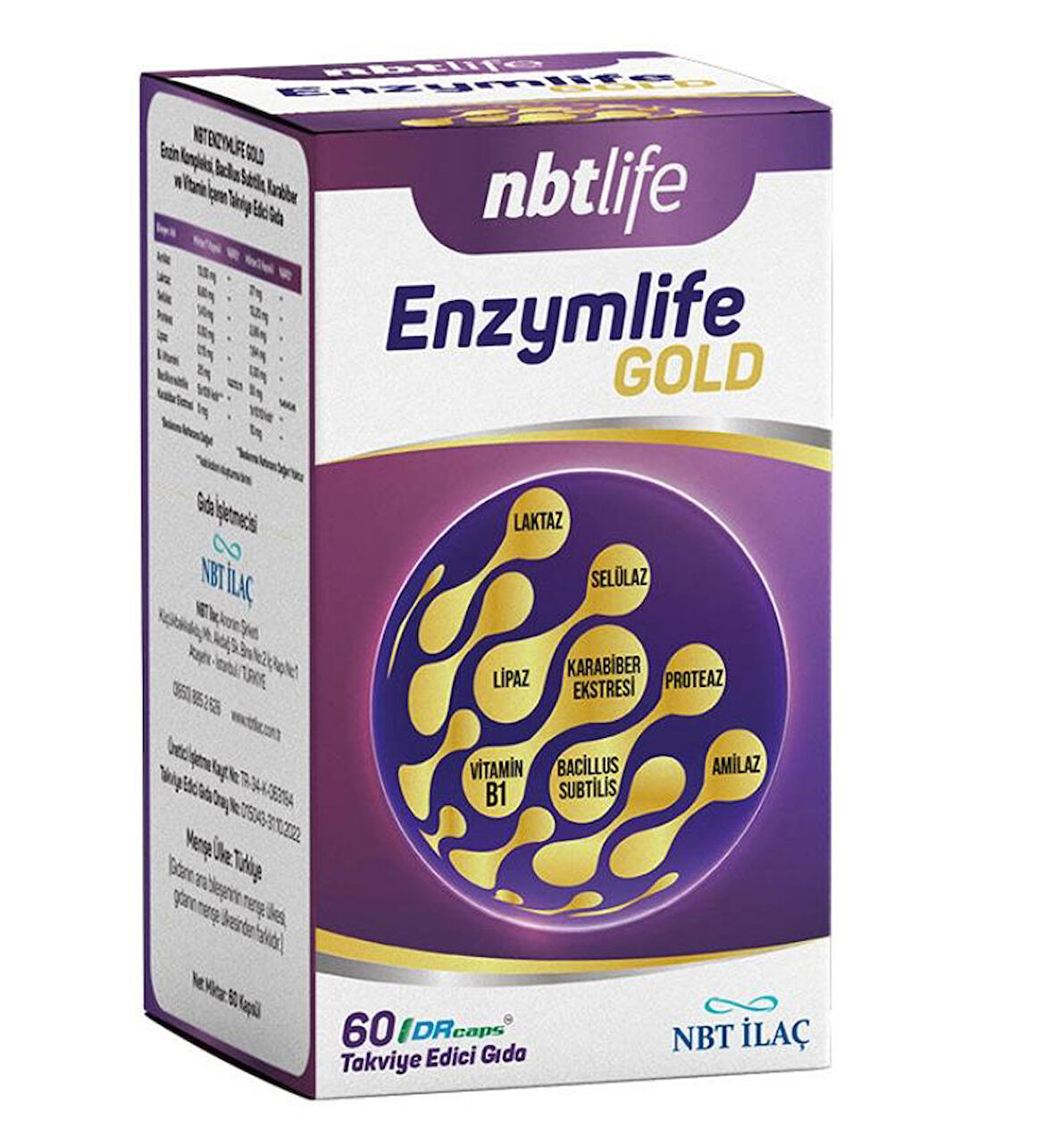 Nbtlife Enzymlife Gold Enzim Kompleksi, Bacillus Subtilis, Karabiber Ve Vitamin İçeren Takviye Edici Gıda 60 Kapsül