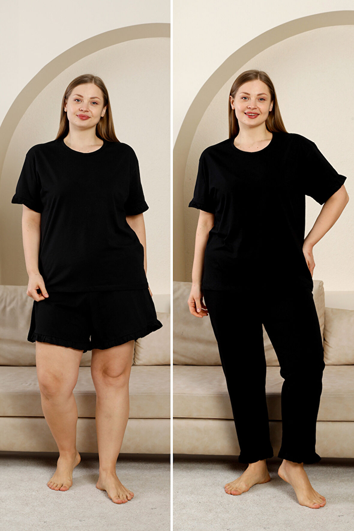 %100 Pamuk Büyük Beden 3 Parça Fırfırlı  Kadın Pijama Takımı