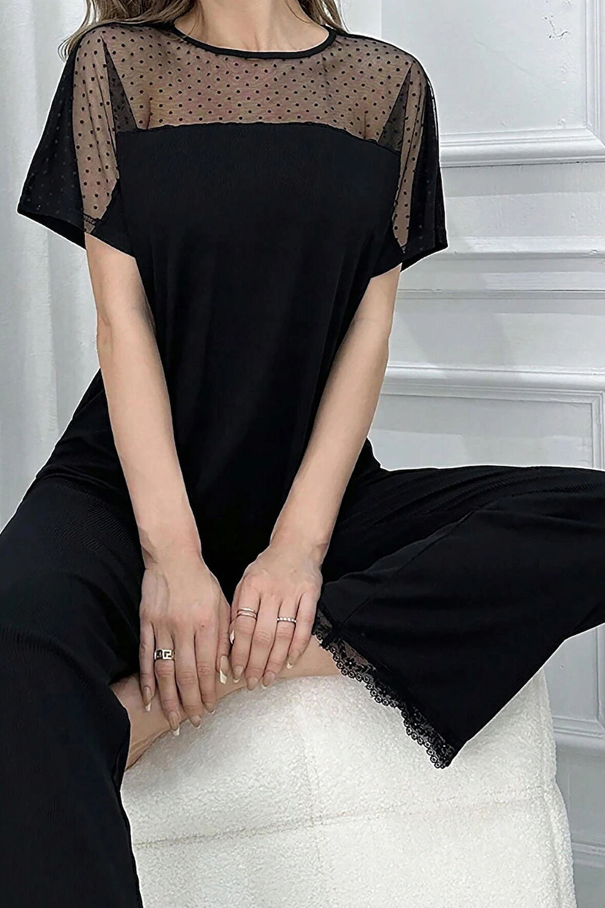 Nies Pijama Takımı Kadın Kısa Kollu Tül Detaylı Siyah