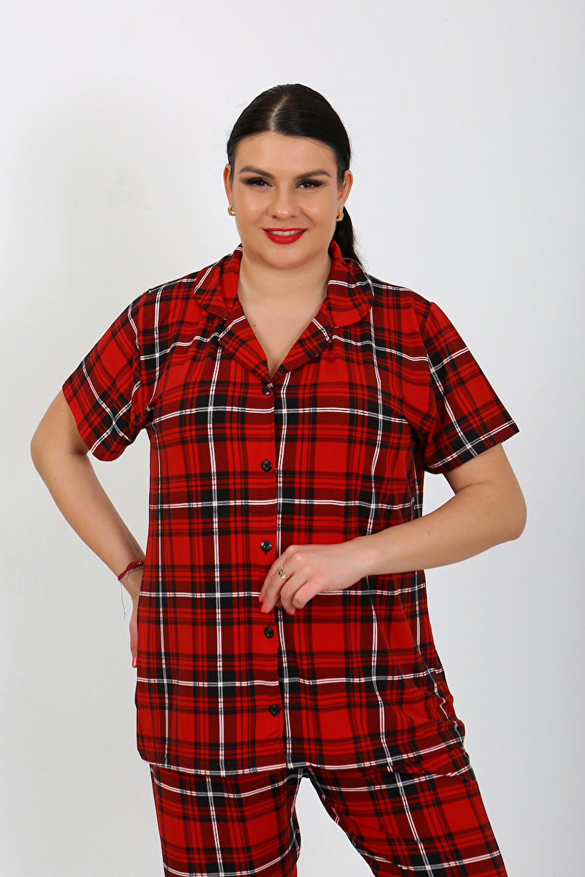 Büyük Beden  Kısa Kollu Milan Gömlek Pijama Takımı- Genç Anne Serisi