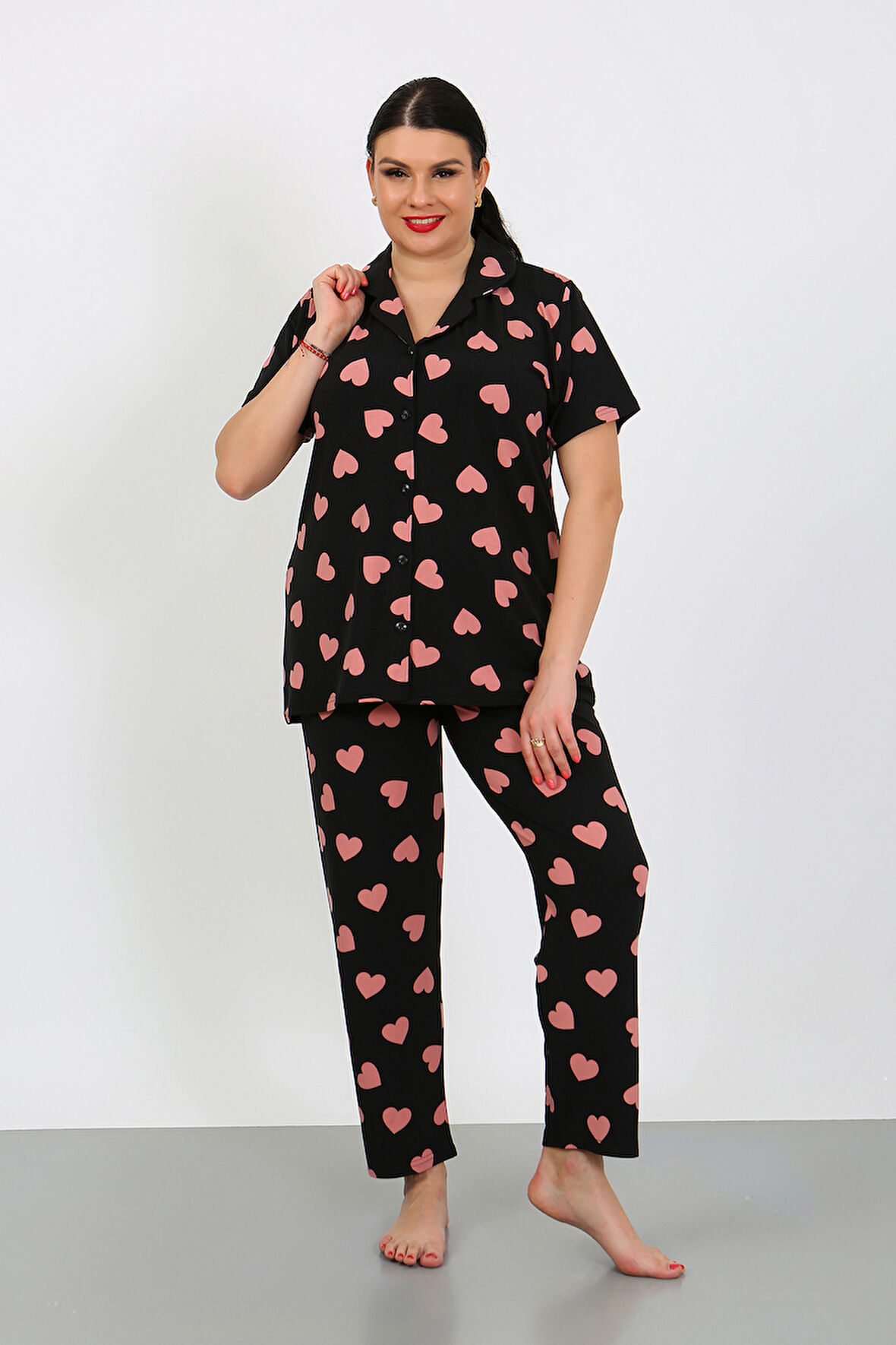 Büyük Beden  Kısa Kollu Milan Gömlek Pijama Takımı- Genç Anne Serisi