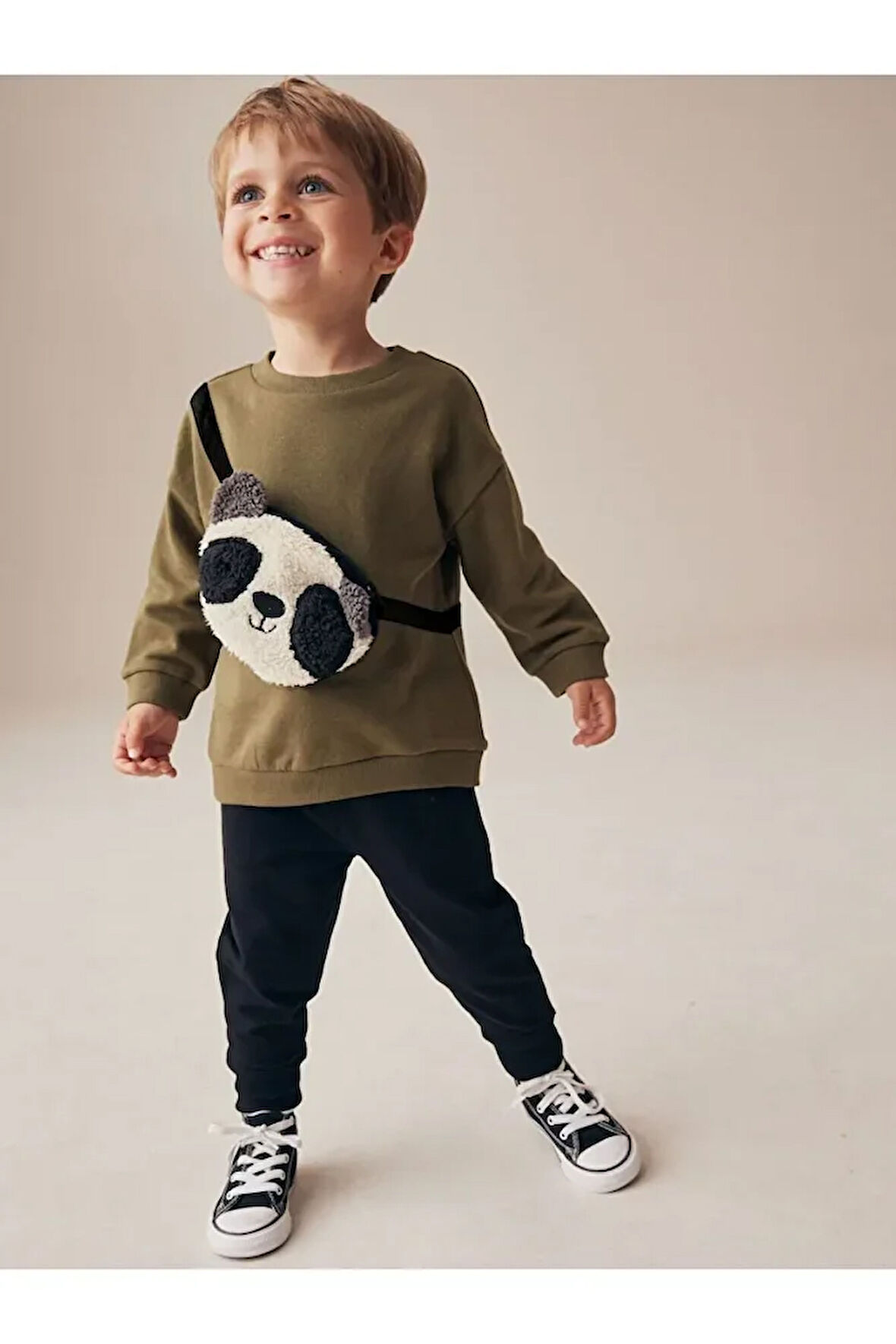 Pamuklu Haki Panda Desenli Çantalı Sweat Jogger Alt Üst Takım