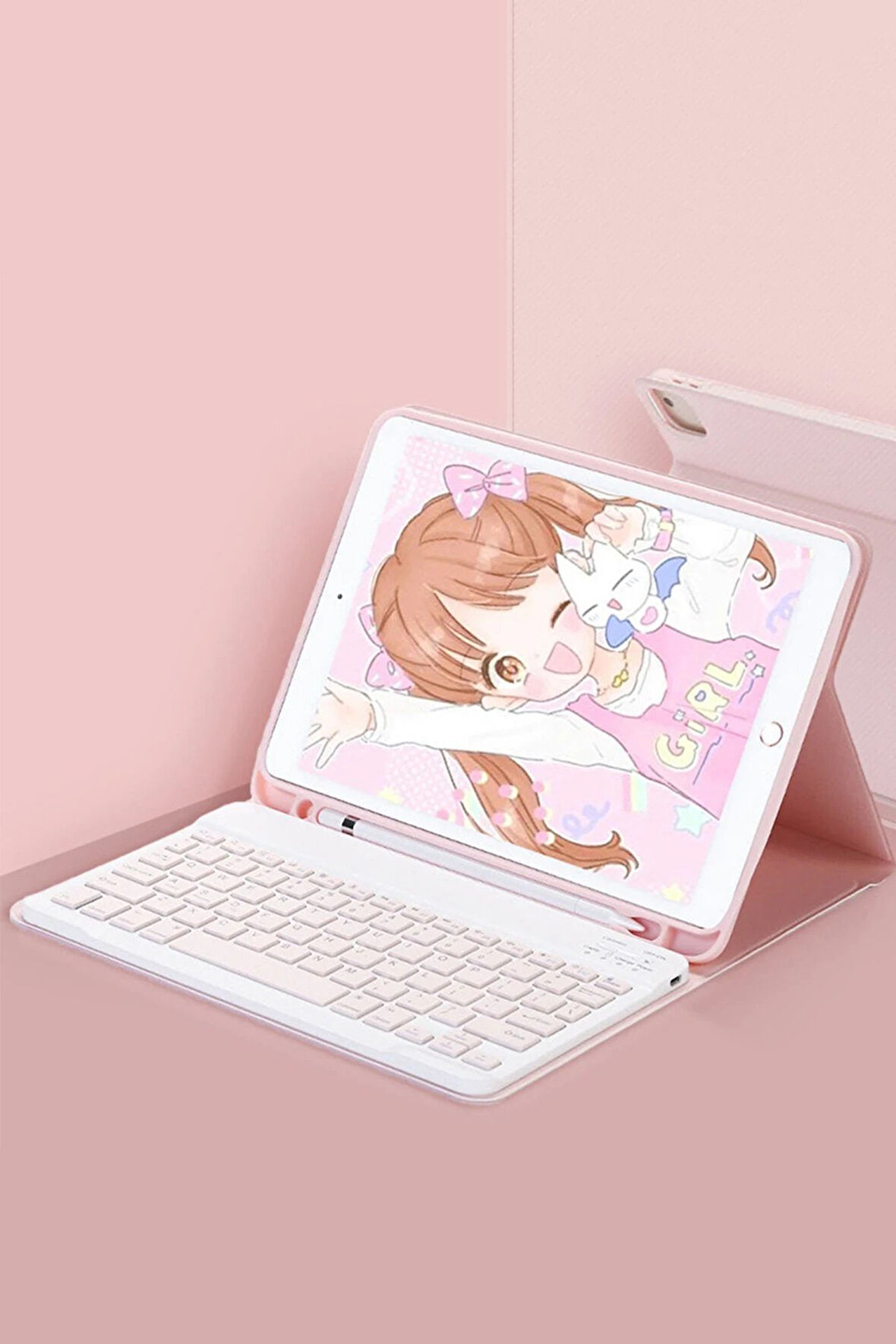 iPad 5 Air 9.7 Kılıf KC01 Smart Klavyeli Tablet Kılıfı - Pembe-(5796)