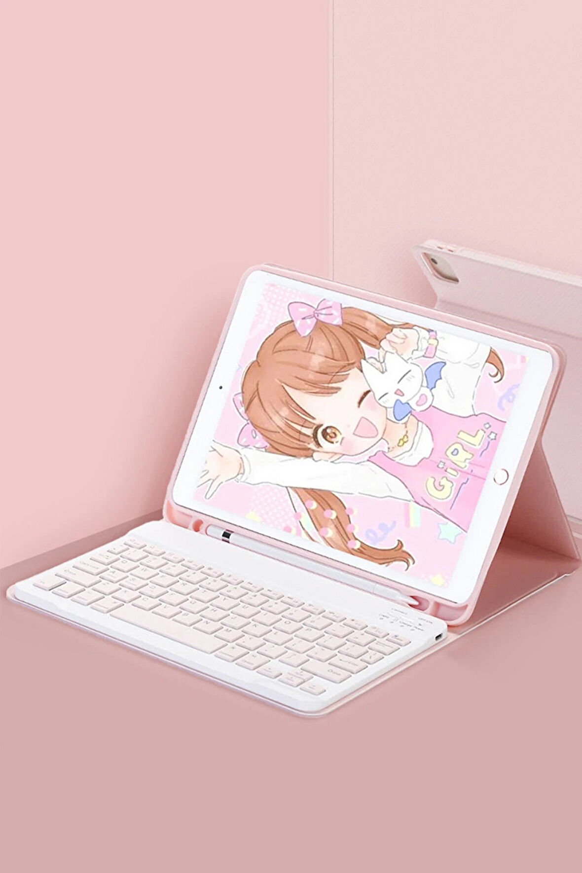 iPad Pro 12.9 (2024) Kılıf KC01 Smart Klavyeli Tablet Kılıfı - Pembe-(5796)