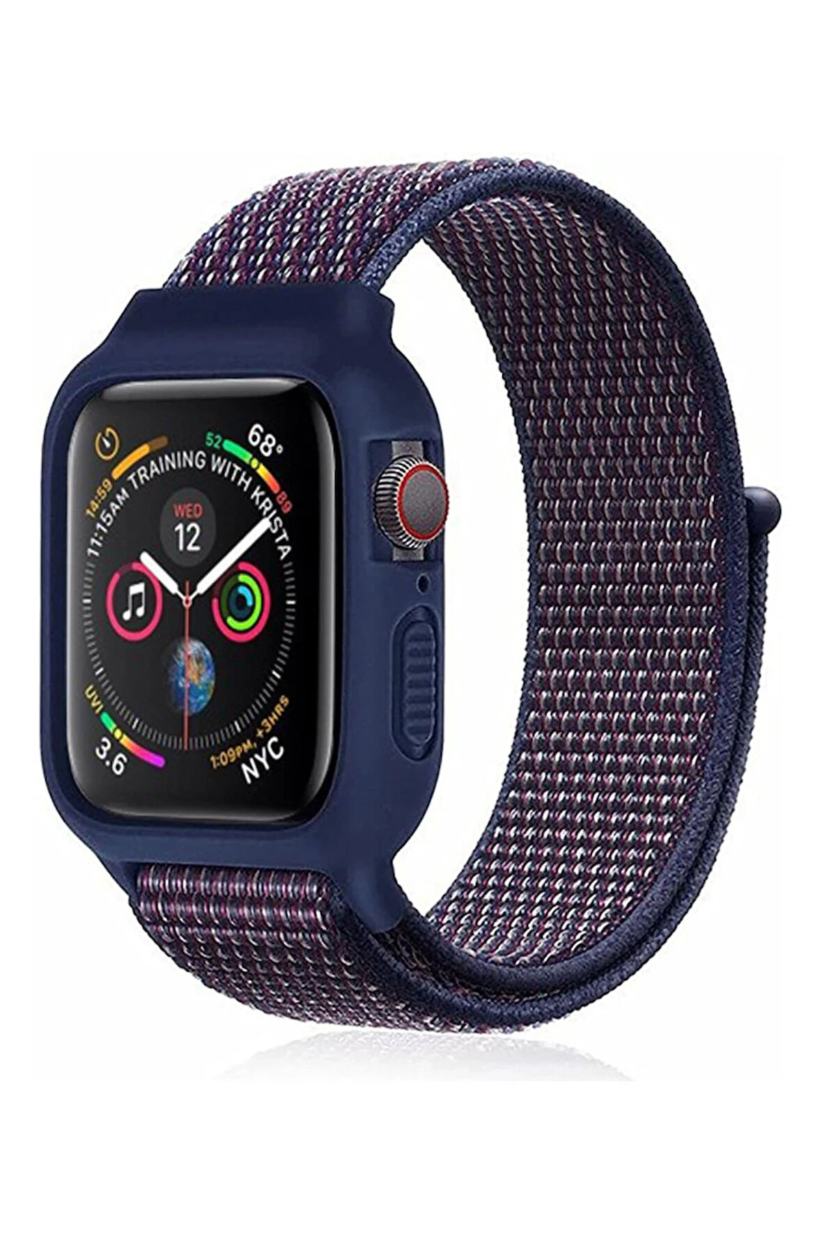 Apple Watch 38mm Hasırlı Cırtcırtlı Kasalı Kordon - Lacivert-Mürdüm-(5796)