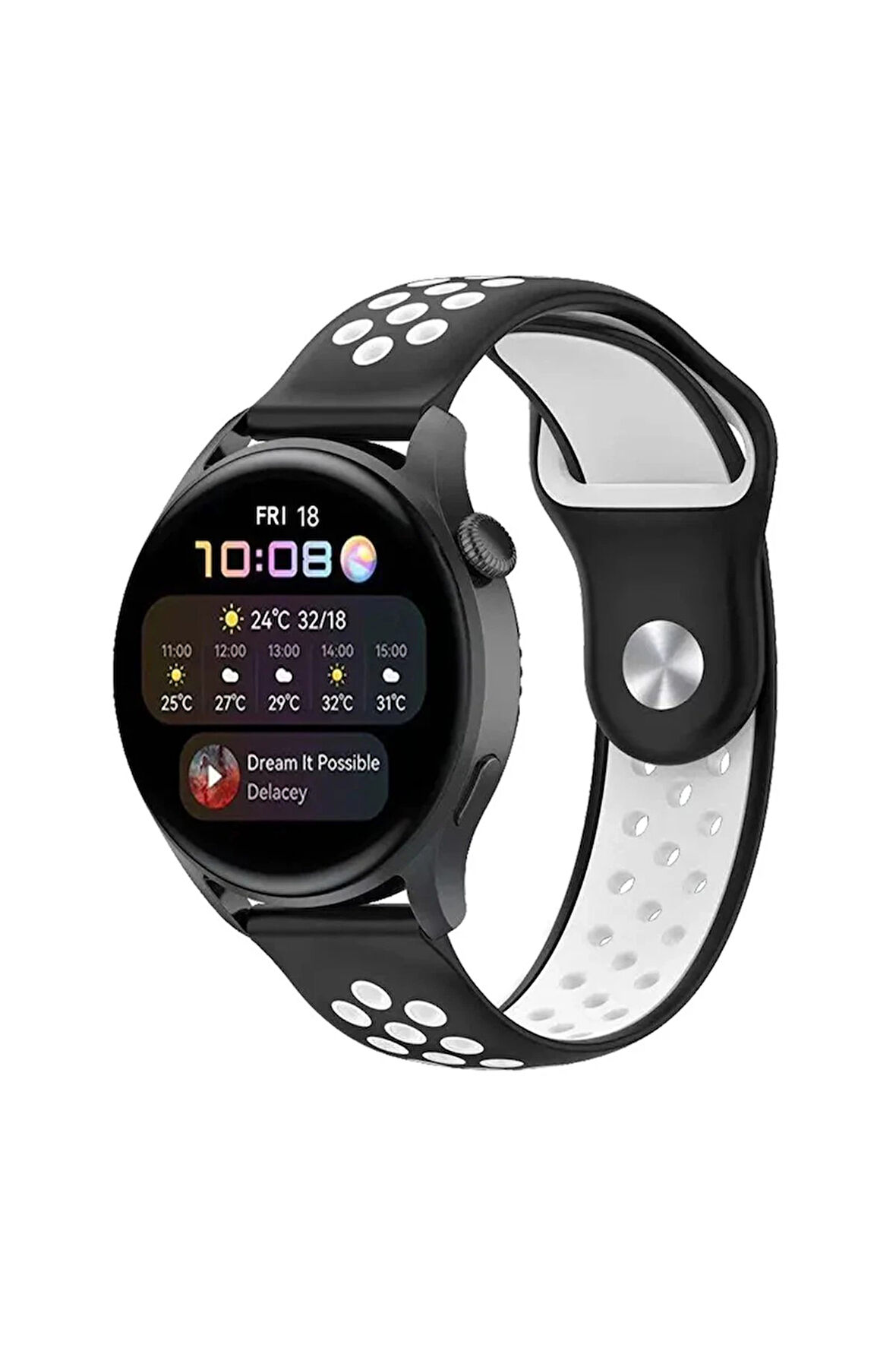 Watch 20mm Spor Delikli Kordon - Siyah-Beyaz-(5796)