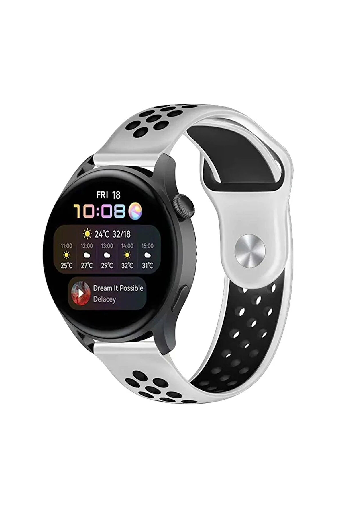 Watch 22mm Spor Delikli Kordon - Beyaz-Siyah-(5796)