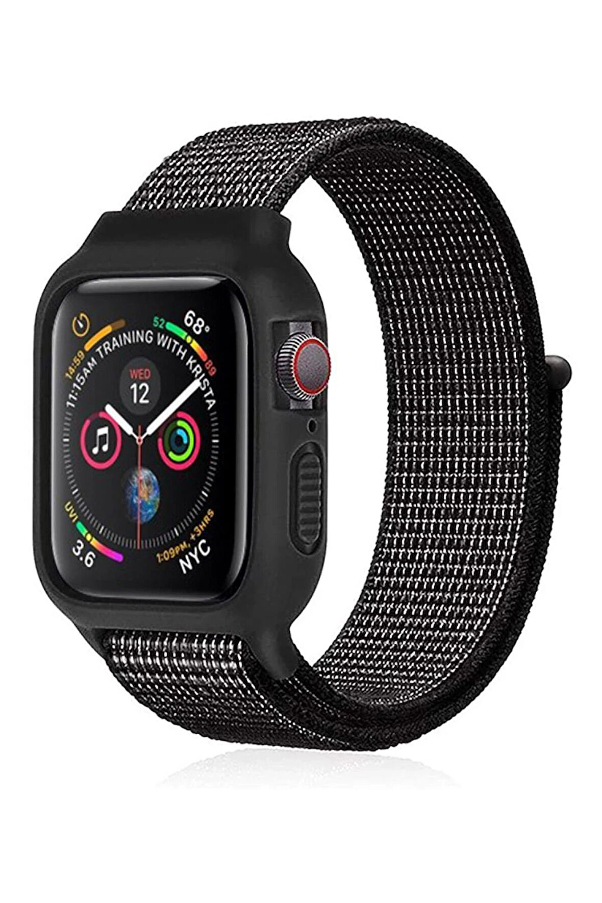 Apple Watch 38mm Hasırlı Cırtcırtlı Kasalı Kordon - Benekli Siyah-(5796)