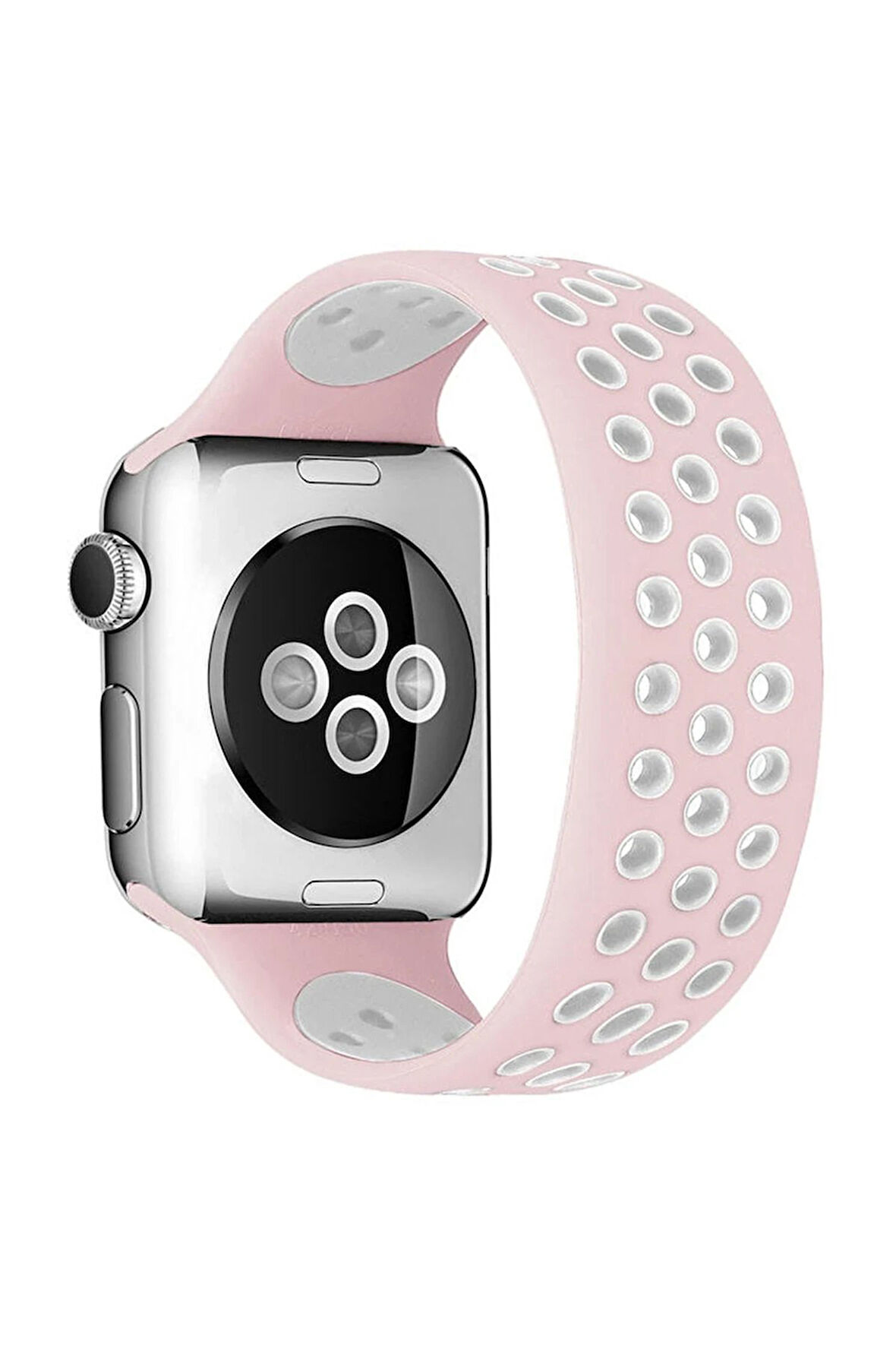 Apple Watch 42mm Ayarlı Delikli Silikon Kordon - Pembe-Beyaz-(5796)