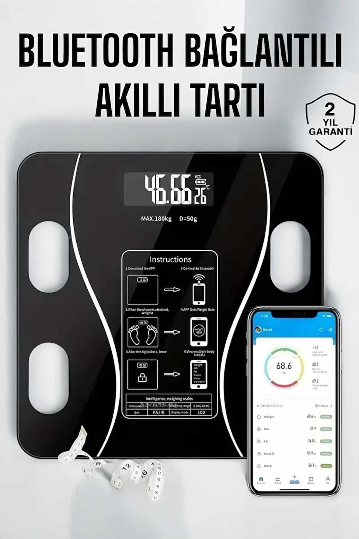 Akıllı Tartı Bluetooth Bağlantılı Yağ Ölçebilen Tartı Yeni Nesil