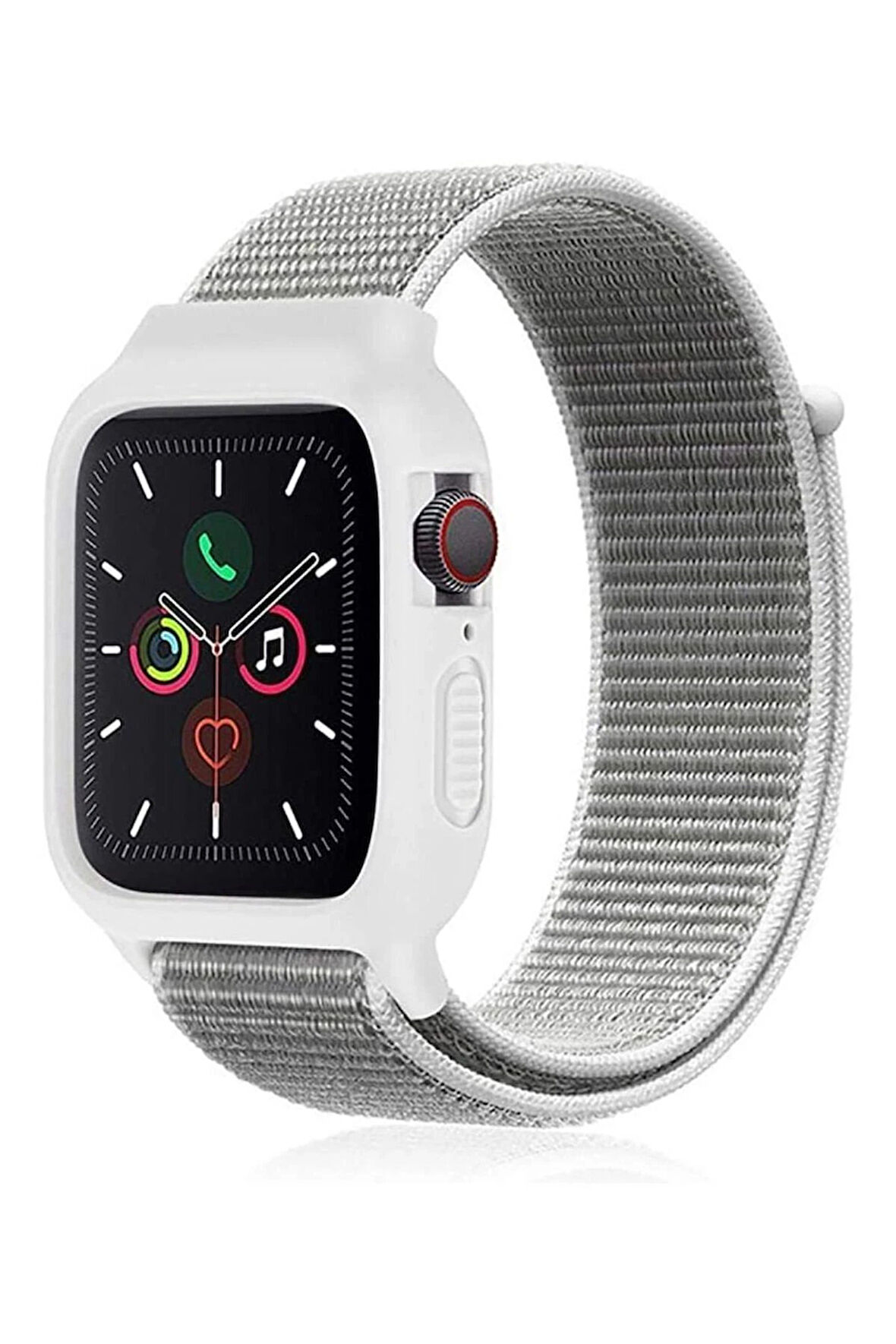 Apple Watch 38mm Hasırlı Cırtcırtlı Kasalı Kordon - Beyaz-(5796)
