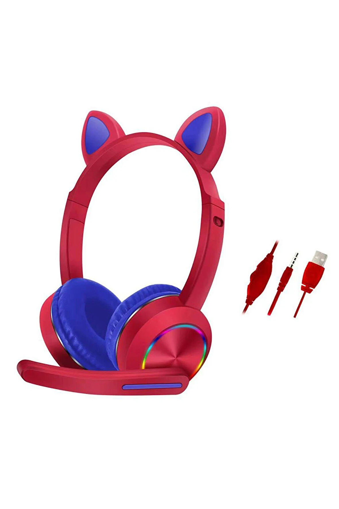 AKZ020 Kafa Üstü Işıklı Kedi Kulaklık - Kırmızı-(5796)