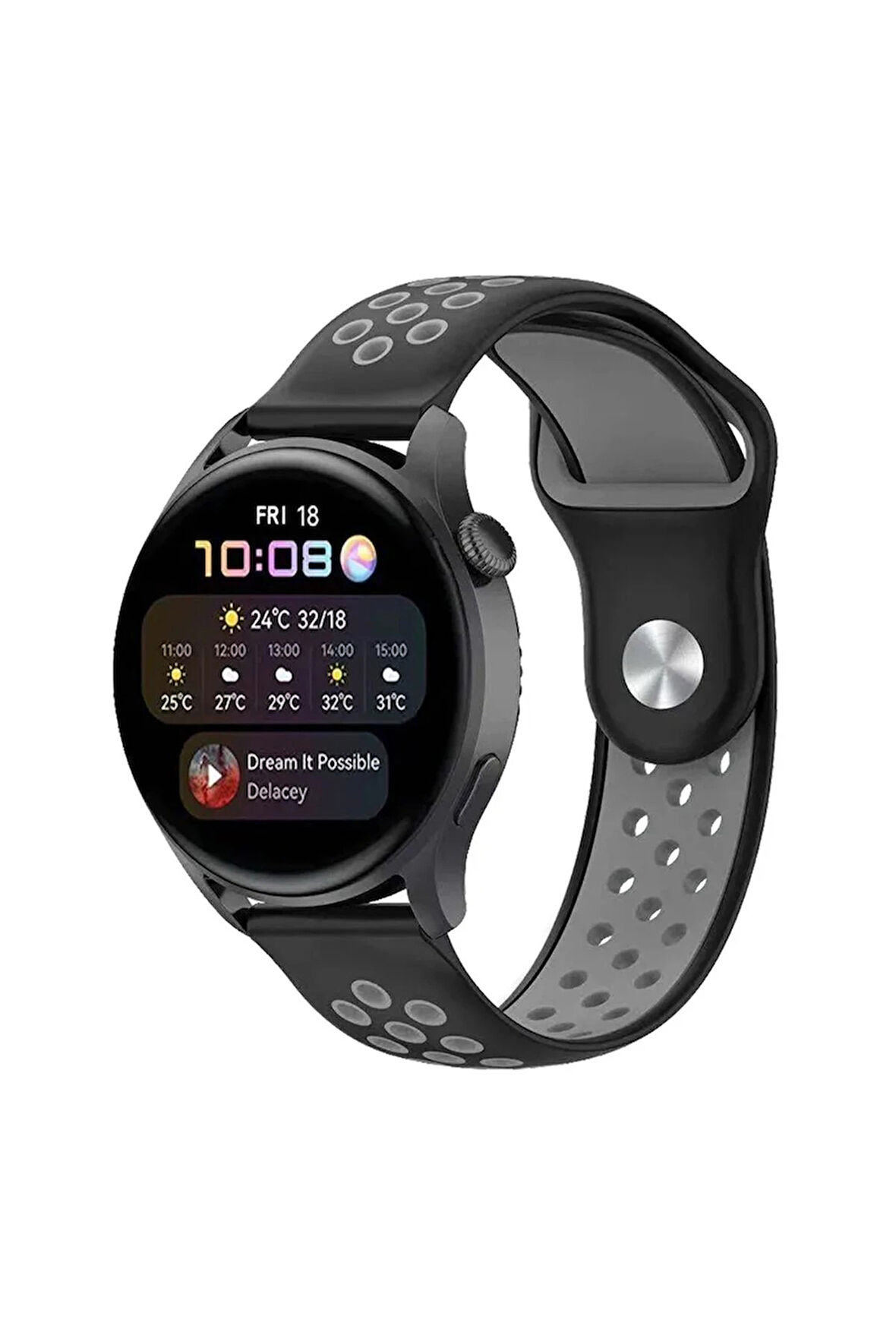 Watch 20mm Spor Delikli Kordon - Siyah-Gri-(5796)