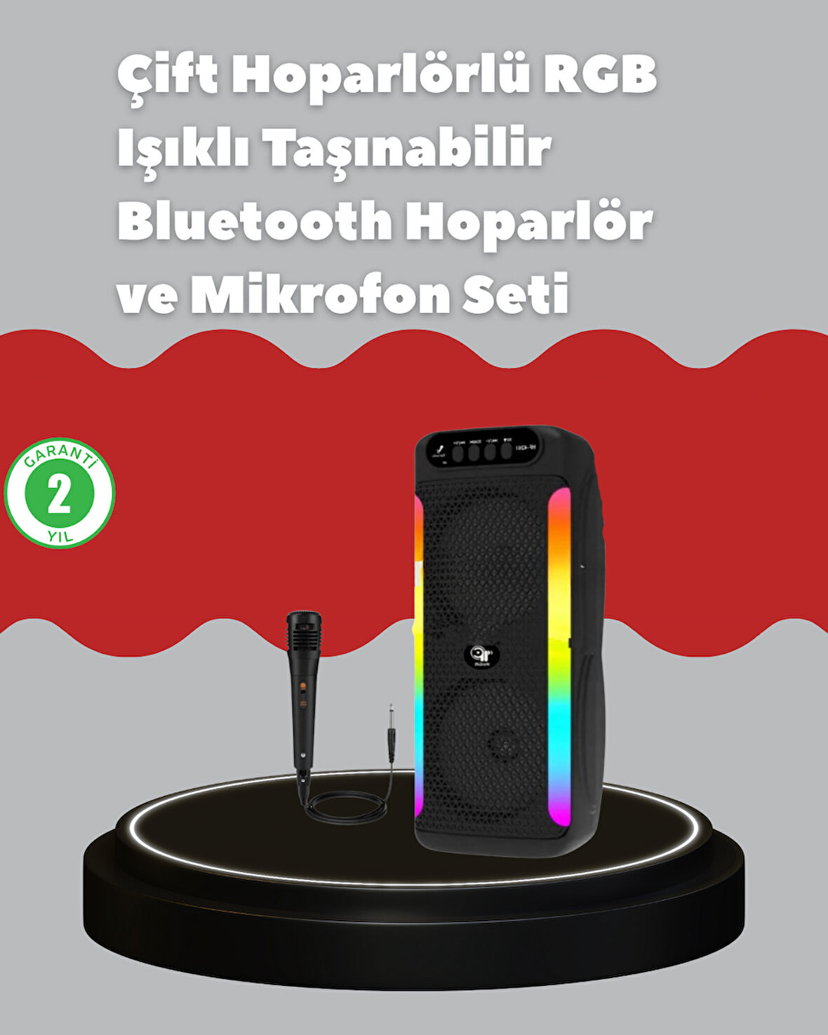 Çift 4 inç Hoparlörlü RGB Işıklı Bluetooth Ses Sistemi
