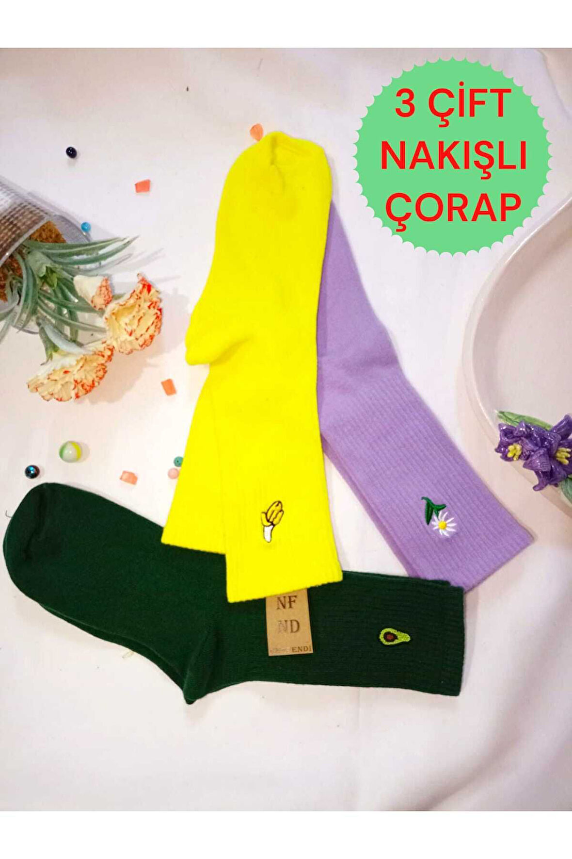 3 Çift Nakışlı Kadın Çorap Üçlü Soket Hayvan Meyve Çiçek Nakışlı Çorabı Hediye 36-40