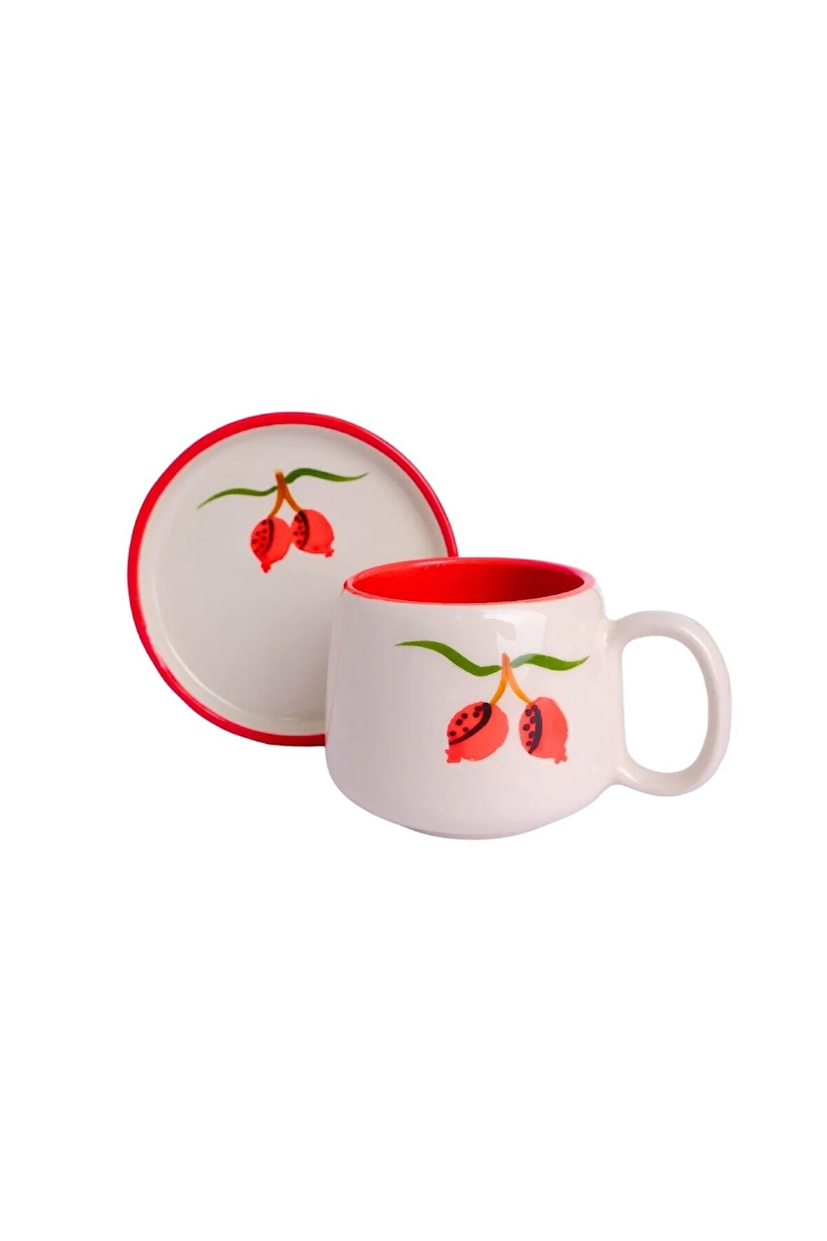 Nar Desenli Tabaklı Double Seramik El Yapımı Kupa, Seramik Kupa, Handmade, Kahve Kupası