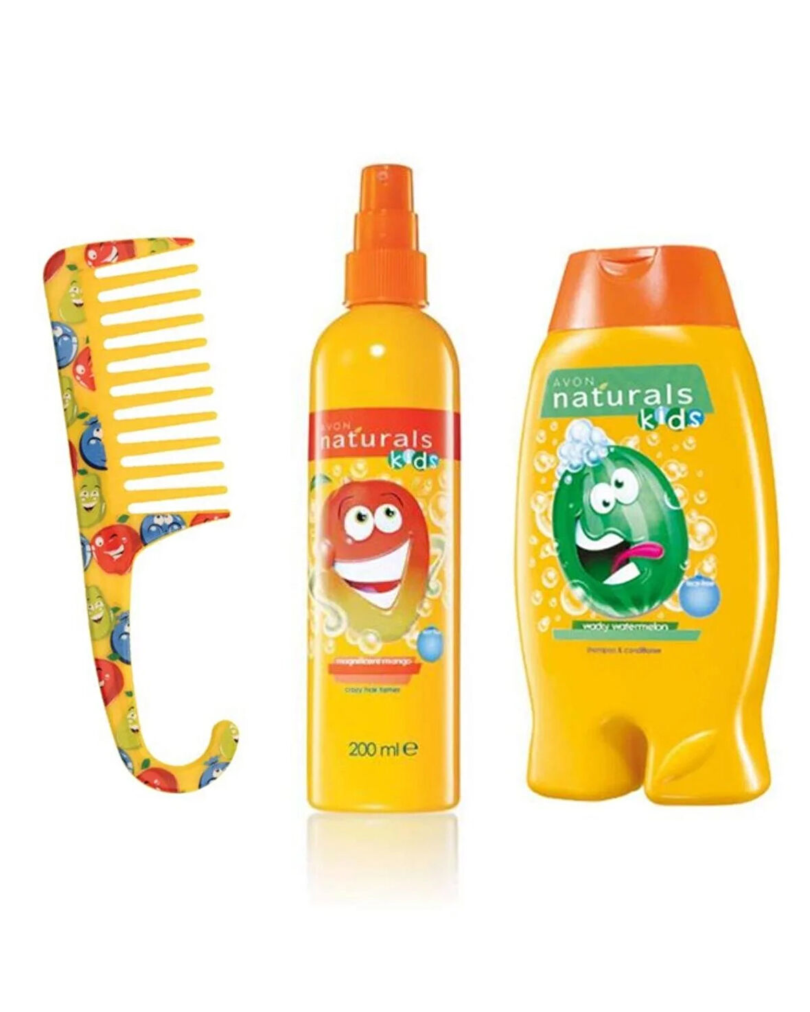 Naturals Kids Karpuz Kokulu Göz Yakmayan Şampuan & Saç Kremi 250ml + Mango Kokulu Göz Yakmayan Saç Açıcı Sprey 200ml + Çocuklar için Saç Açıcı Tarak