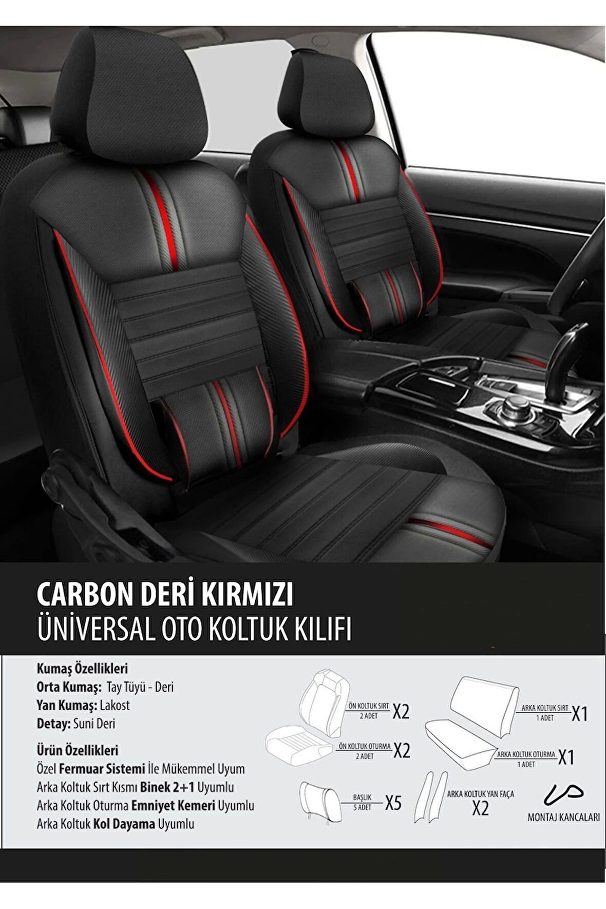 Smart Forfour Koltuk Kılıfı Carbon Deri Kırmızı