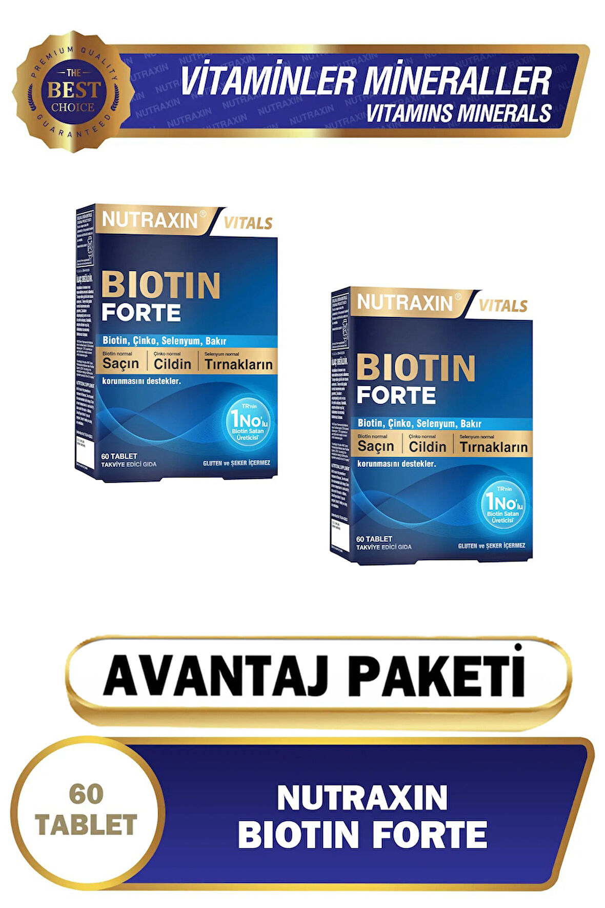 Biotin Forte 5.000 mcg 60 Tbl - Biyotin, Çinko, Selenyum, Bakır 2'li (Avantajlı Paket)