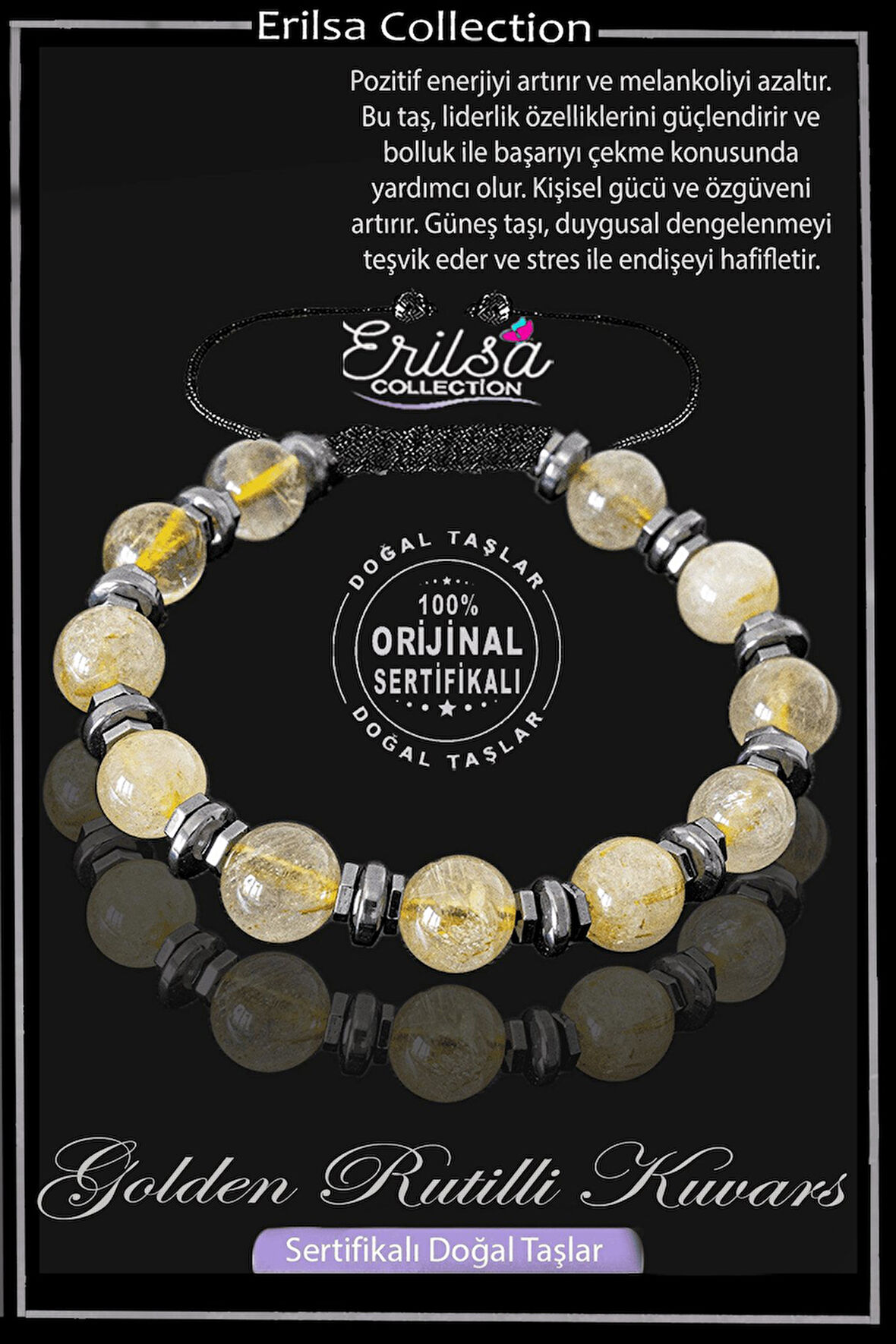 Sertifikalı Gerçek Golden Rutilli Kuvars  Taşı Bileklik - Ayarlamalı