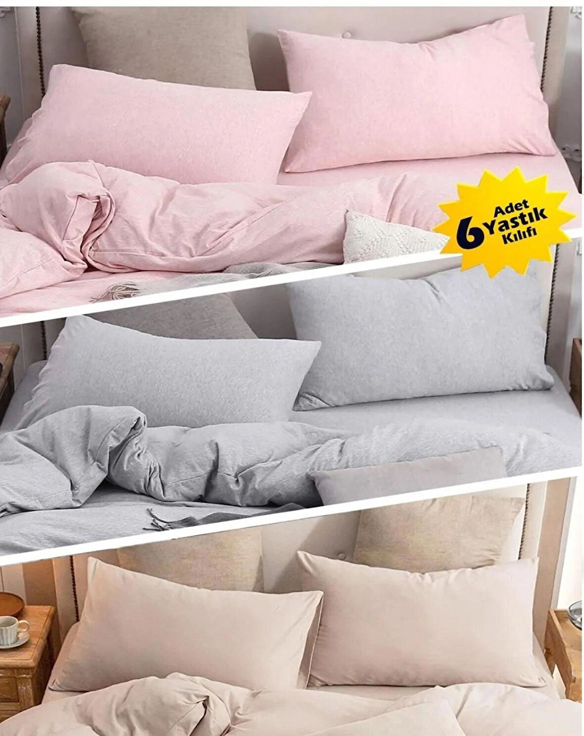 %100 COTTON (PAMUK) (TOPLAMDA 6 ADET 50X70CM) 2ADET PEMBE YASTIK KILIFI 2ADET BEJ YASTIK KILIFI  2 ADET GRİ YASTIK KILIFI