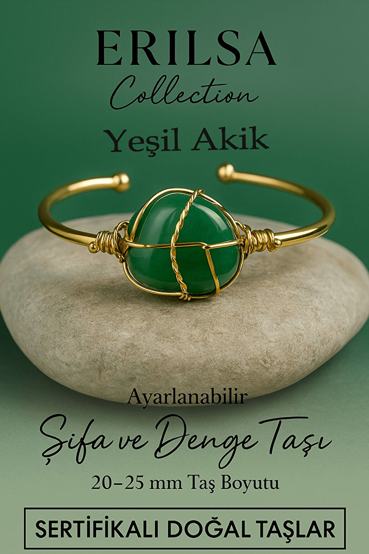 Sertifikalı Doğal Yeşil Akik Taşı Ayarlanabilir 24K Altın Kaplama Bileklik 20-25 mm