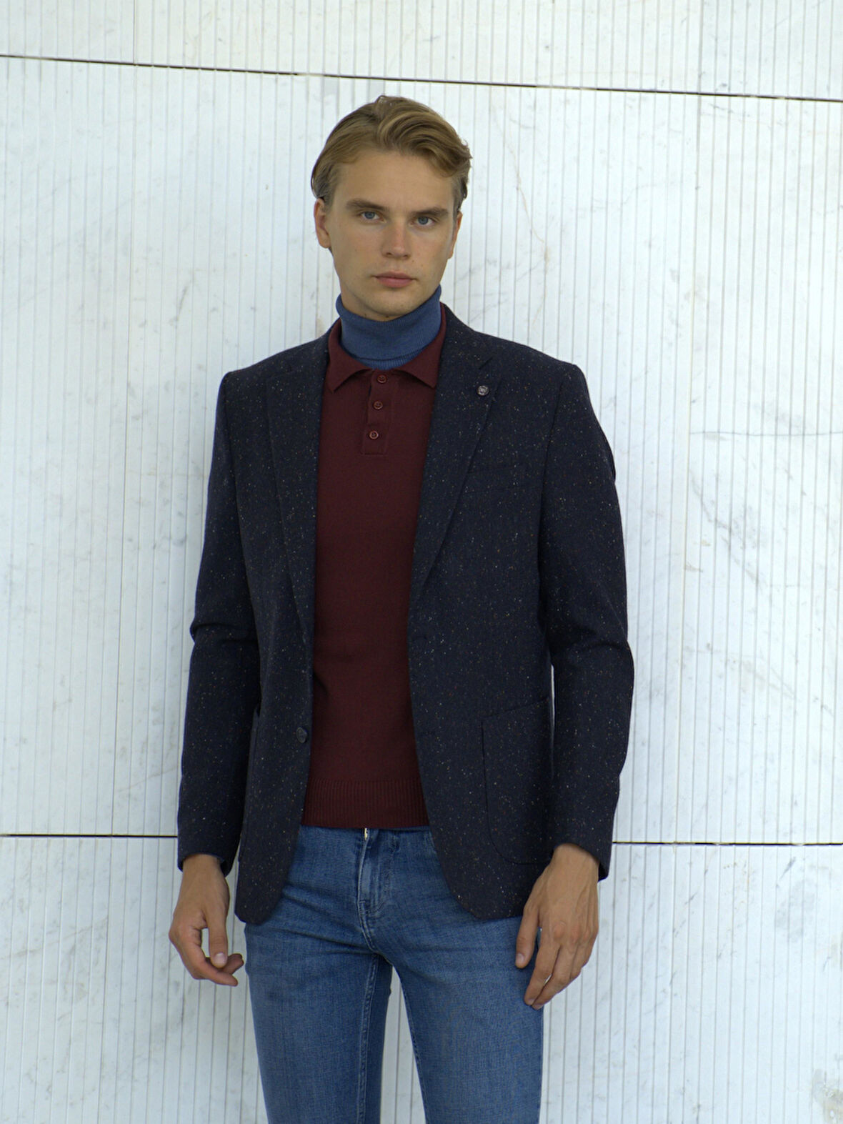 Lacivert Erkek Yün Ceket Nopeli Mono Yaka Torba Cep Çift Yırtmaç Slim Fit Ceket NCS JEANS 4003