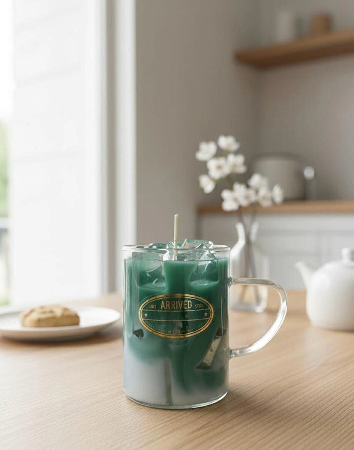 Vanilya Kokulu Iced Soğuk Matcha Latte Görünümlü Dekoratif Kupa Cam Mum