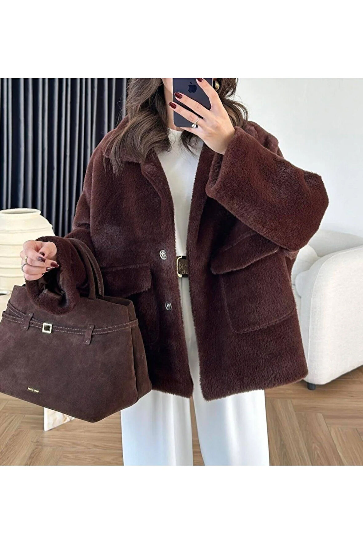 Kadın Kahverengi Torba Cepli Peluş Ceket