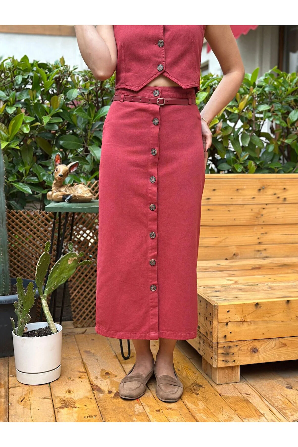 Kadın Kot Kumaş Önü Düğmeli Kemer Detaylı Midi Etek