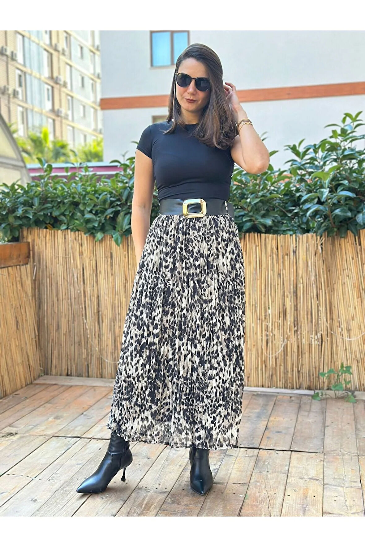 Kadın Leopar Desenli Kemerli Midi Kraslı Etek