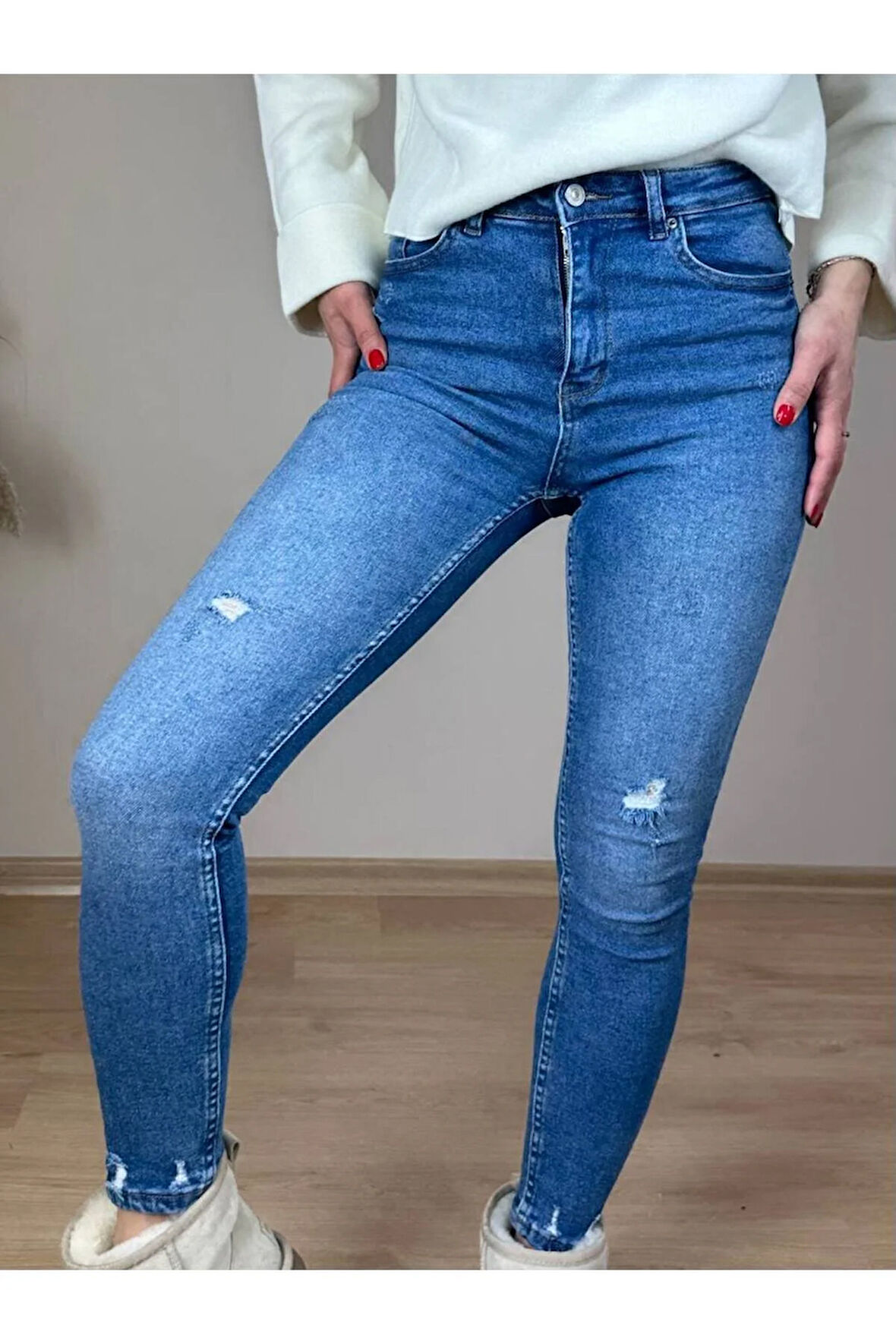 Lacivert Yüksek Bel Küçük Lazerli Skinny Jean