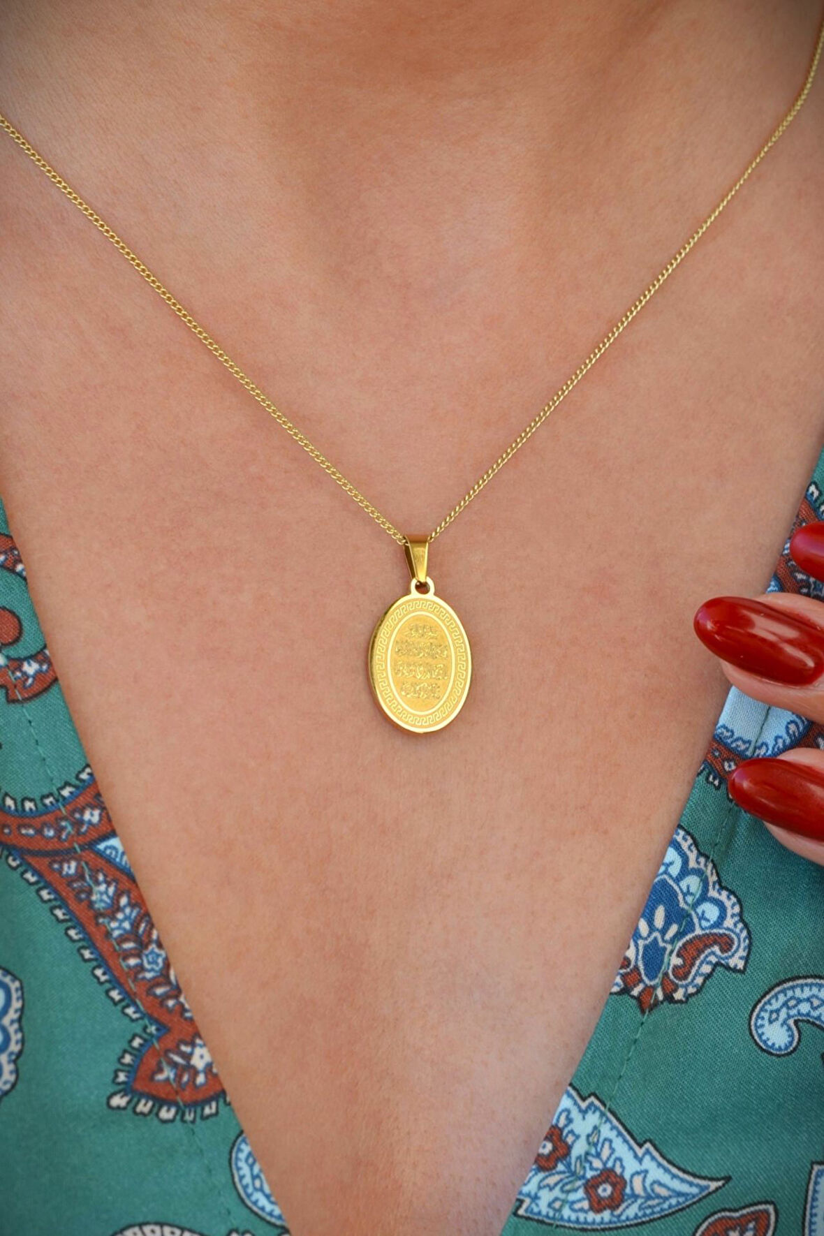 Nazar Dualı Kolye Gold Plaka Oval Nazar Kolye