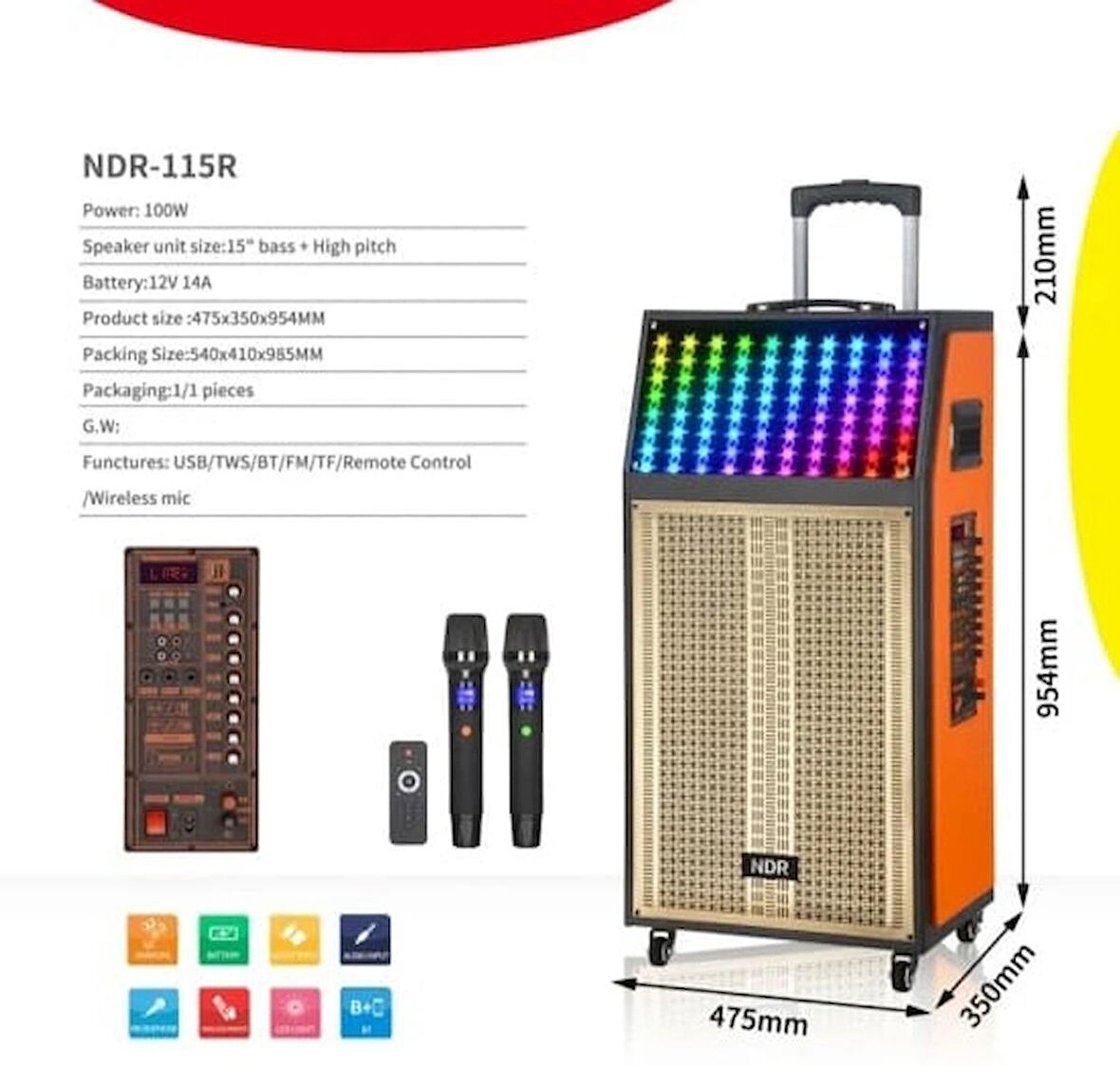 HOPARLÖR NDR-115R KABLOSUZ BÜYÜK BOY MİKROFONLU VE KUMADALI ULTRA YÜKSEK SES