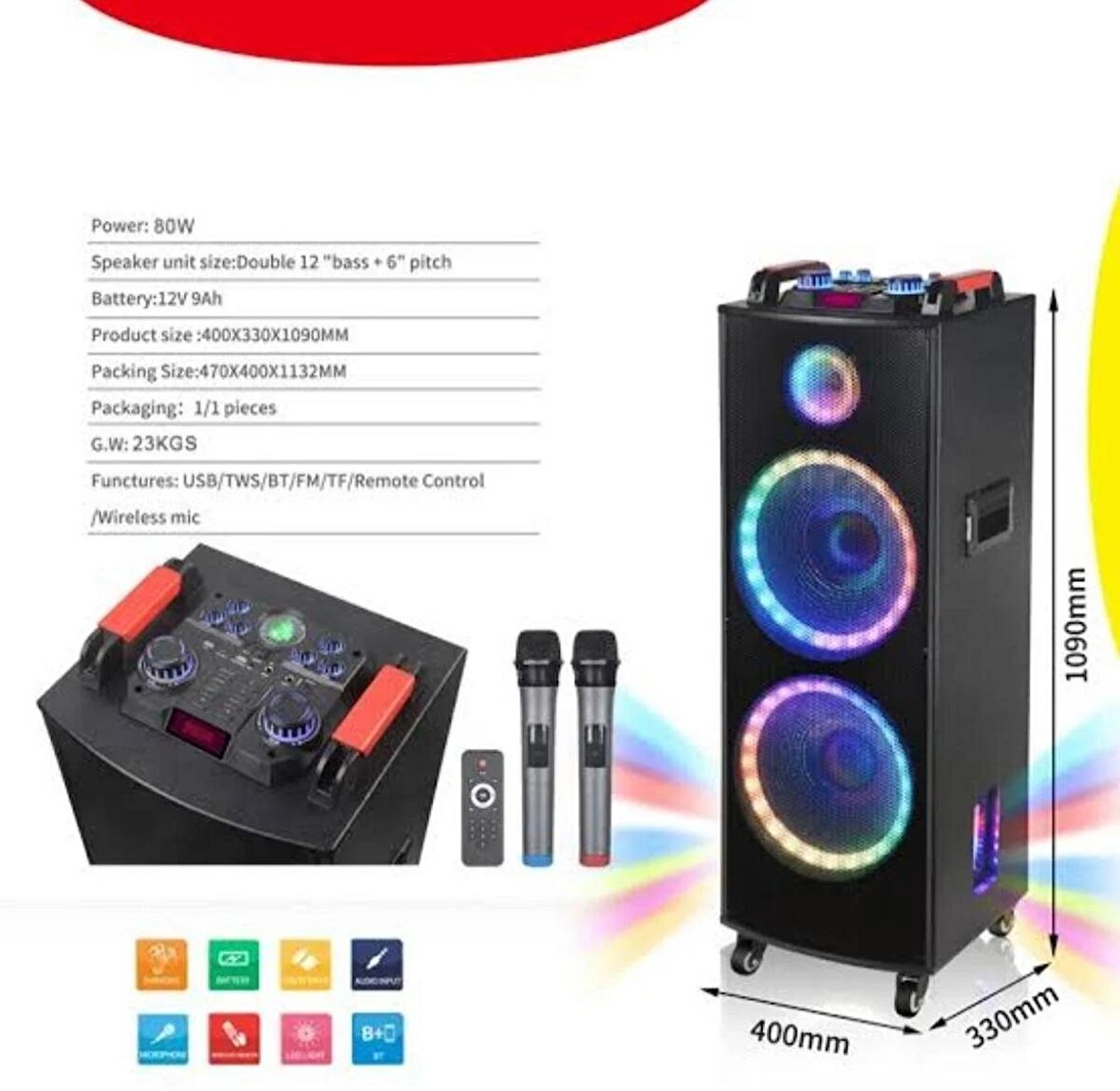 HOPARLÖR BÜYÜK BOY 12*2İnç 2000W RGB BLUETOOTH ÇİFT MİKROFONLU VE DİSKO IŞIKLI PARTİ HOPARLÖR