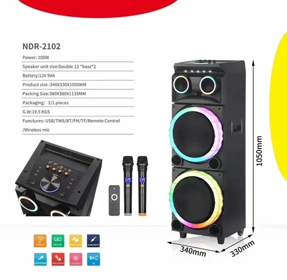 HOPARLÖR BÜYÜK BOY 12*2İnç 2000W RGB BLUETOOTH  ÇİFT MİKROFONLU  PARTİ HOPARLÖR EKTRA BAS