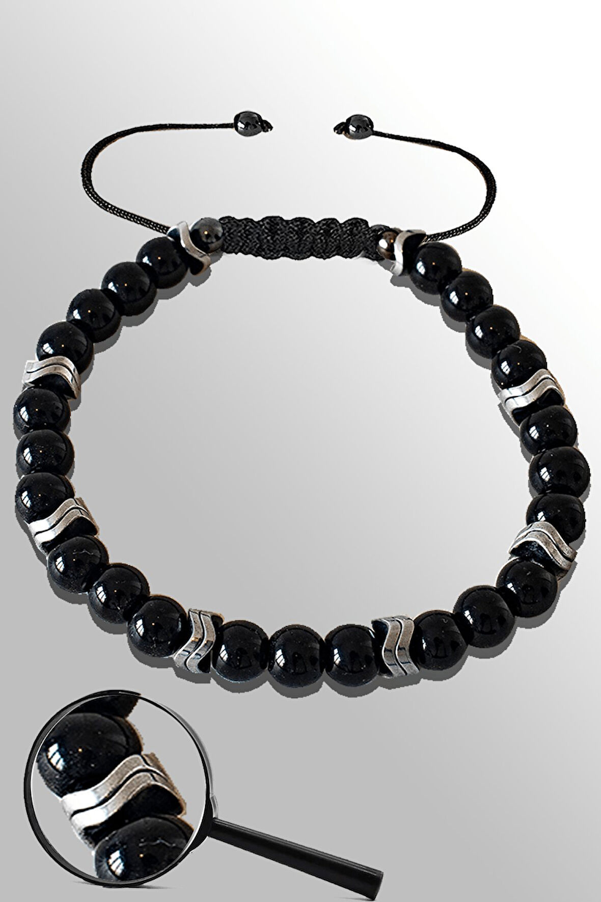 Sertifikalı Gümüş Çavuş Hematitli Siyah Obsidyen Taşı Bileklik - Ayarlamalı