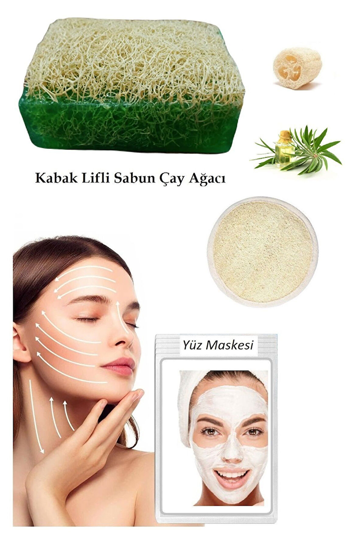 3'lü Set Kabak Lifli Yüz Pedi Kesesi Kabak Lifli Çay Ağacı Sabun Canlandırıcı Cilt Bakım Yüz Maskesi