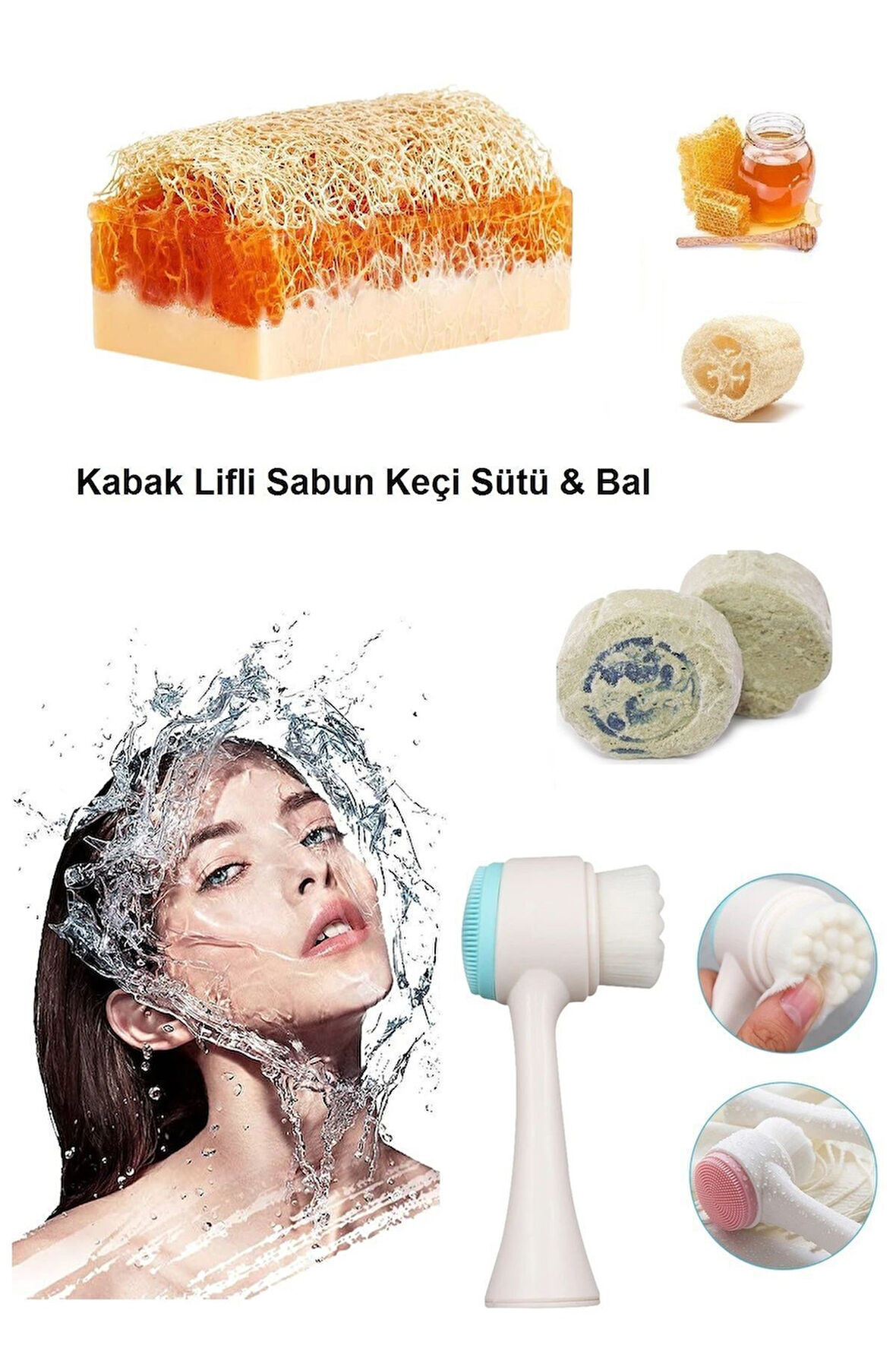 3'lü Yaşlanma Karşıtı Bakım Peeling Keçi Sütlü Sabun Ballı Leke Akne Ruşur Taşı Slikon Yüz Fırçası