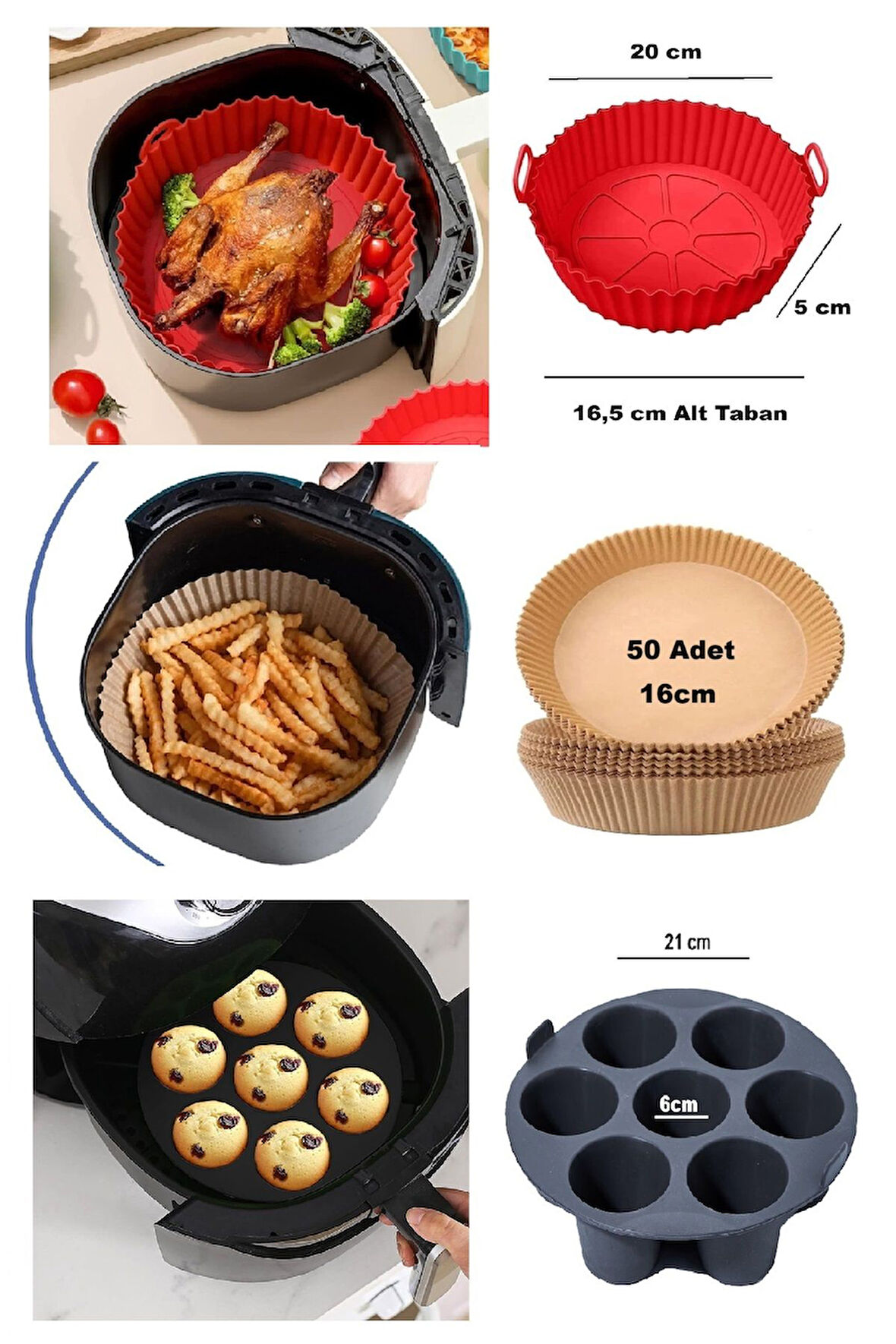 3'lü Airfryer Silikon 7 Gözlü Hava Firitözü Muffin Çörek Kek Kalıbı Yanmaz Yapışmaz