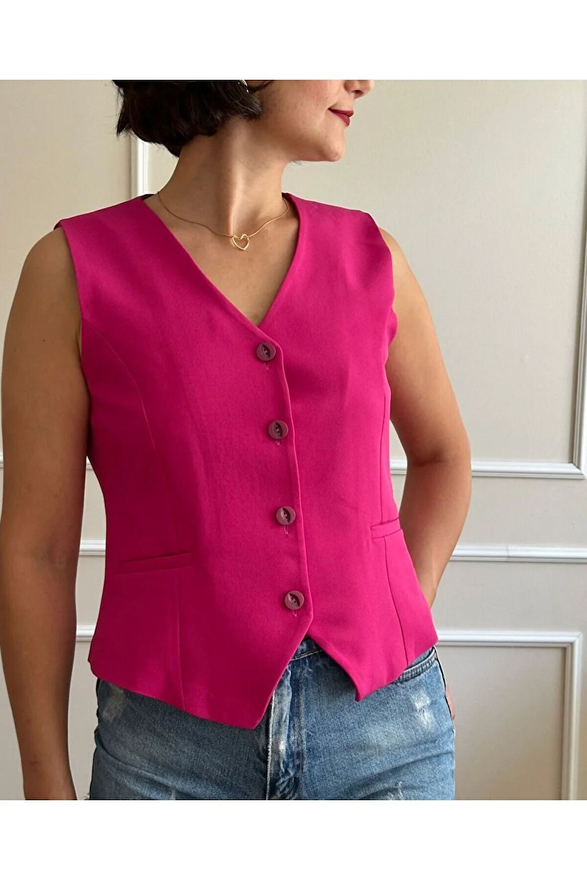 Kadın Fuşya Pembe Kısa Yelek