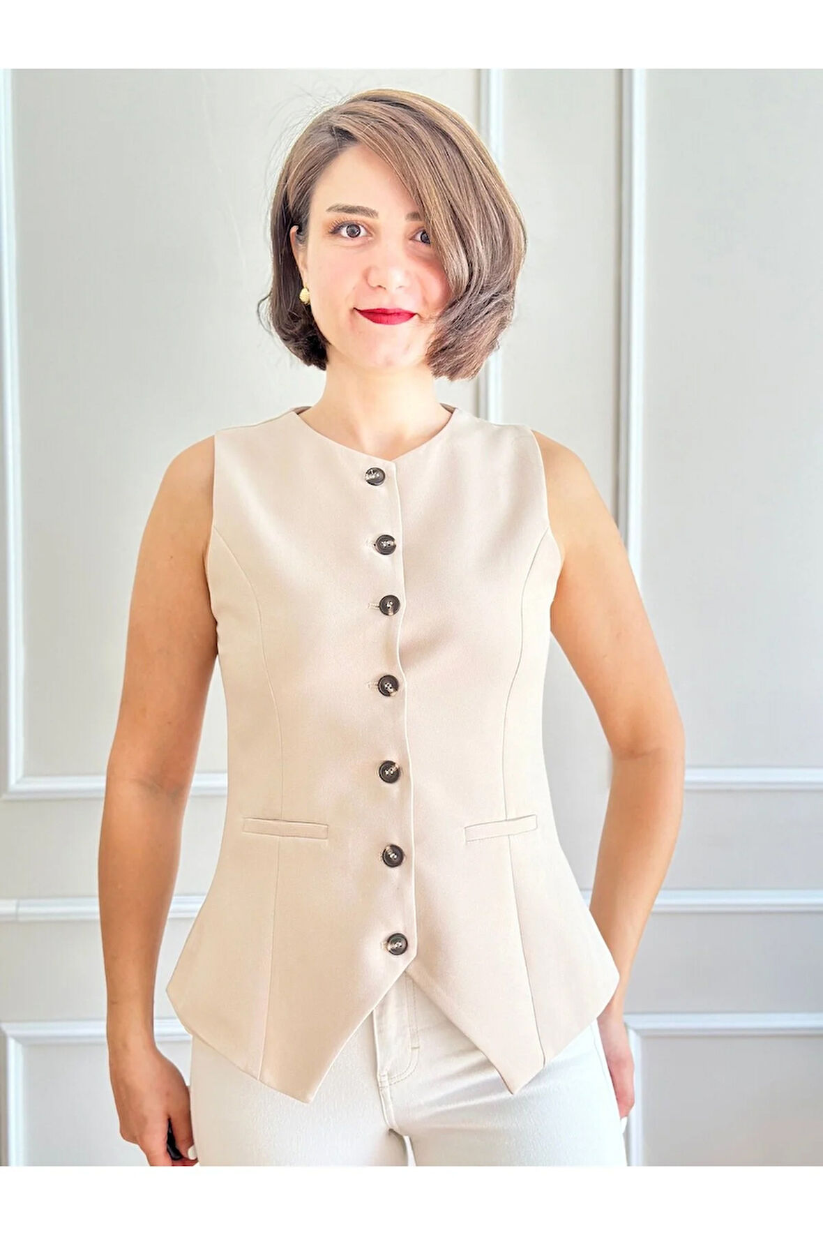 Bej Bisiklet Yaka Uzun Yelek