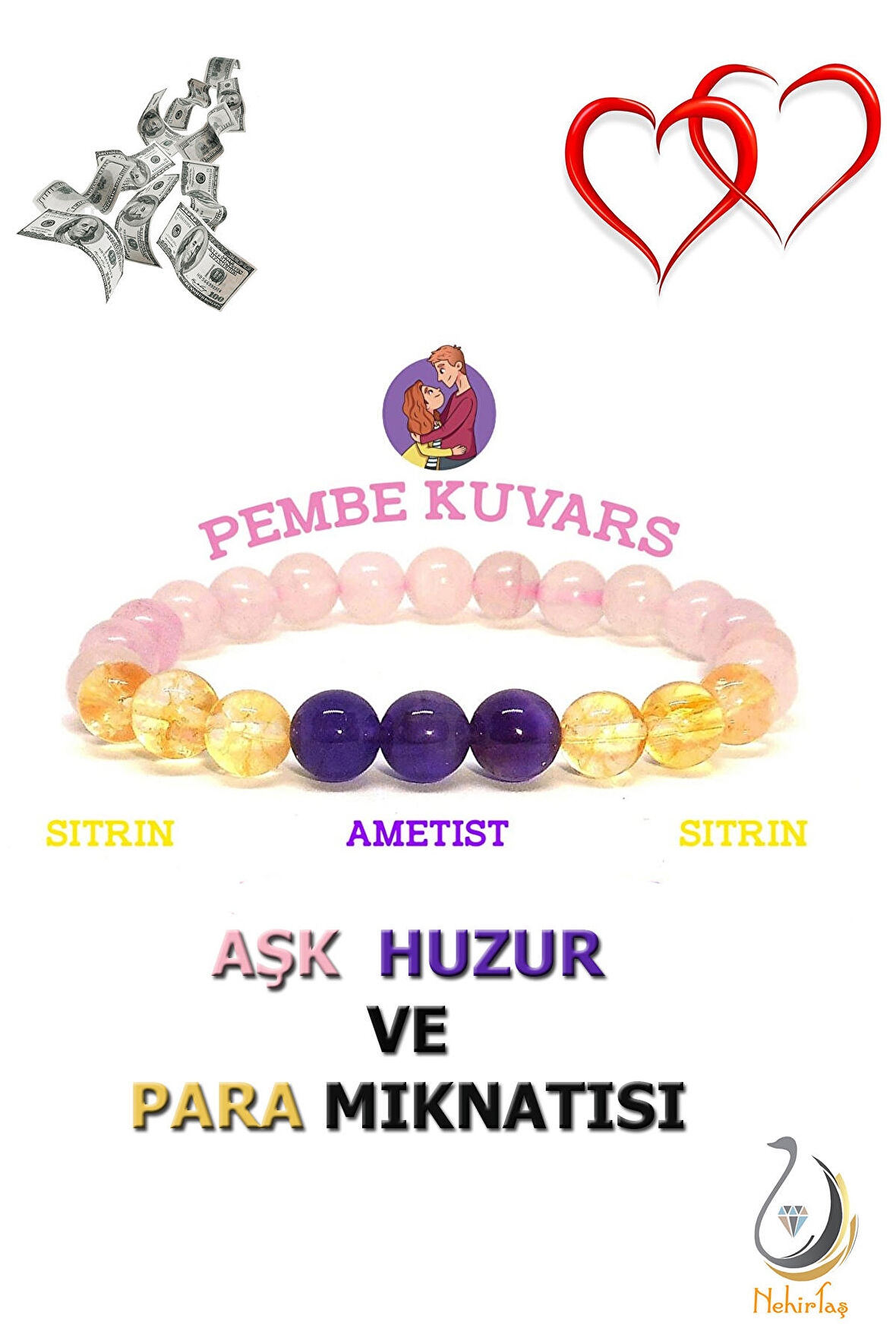 Aşk  Huzur ve Para Mıknatısı Bileklik  (Ametist, Pembe Kuvars, Sitrin)