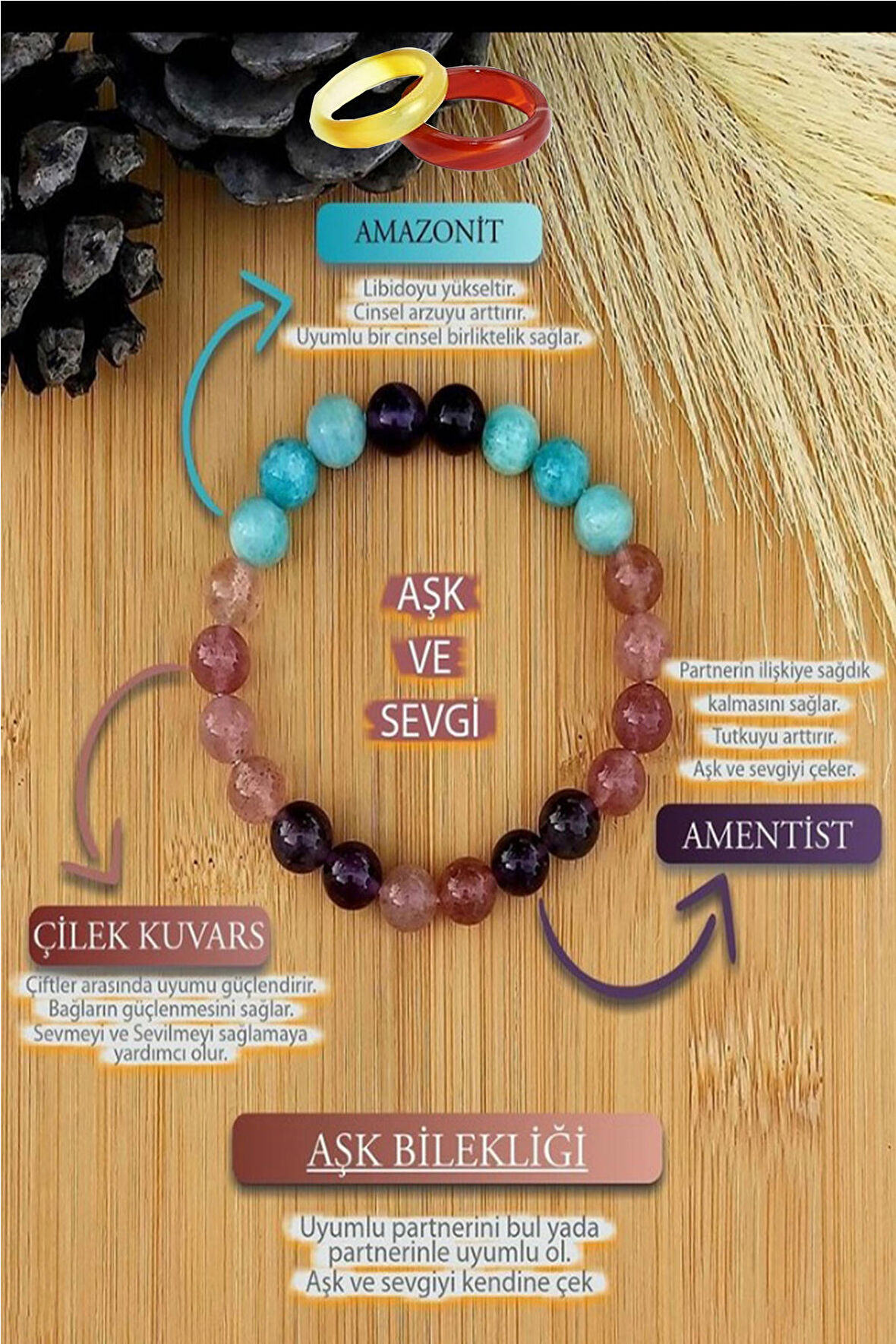 Doğal Taş Aşk ve Sevgi Bilekliği  (Akik Yüzük Hediyeli)